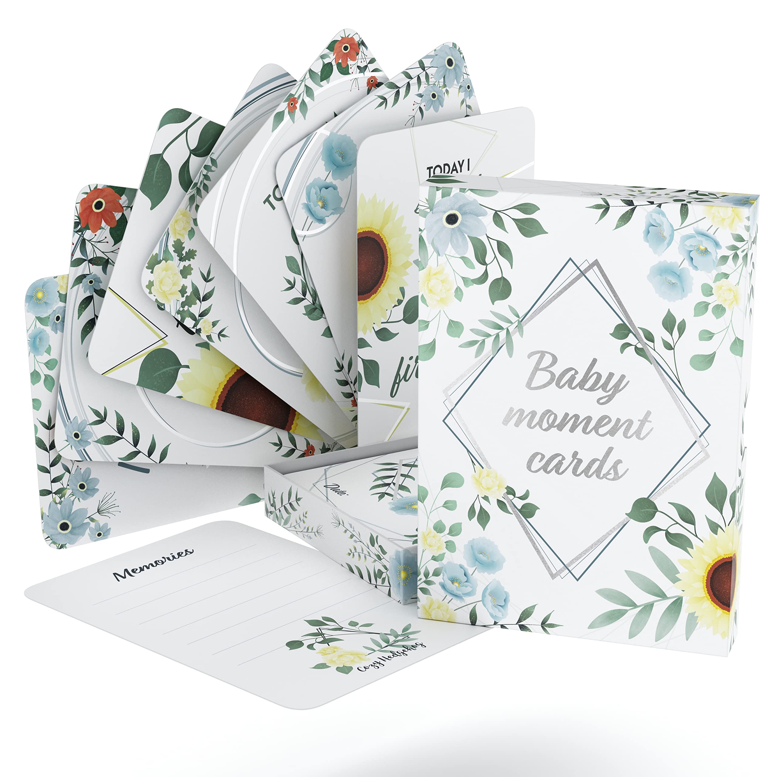 Baby Moments Cards & Milestone Baby Keepsake Gift Box, 50 x Unisex Photo Memory Age Album Set, for Pregnancy, Parents & Christening - Cozy Hedgehog