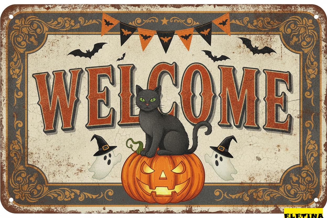 Halloween Pumpkin Cat Ghost Tin Sign, 8x12 Inch Decor