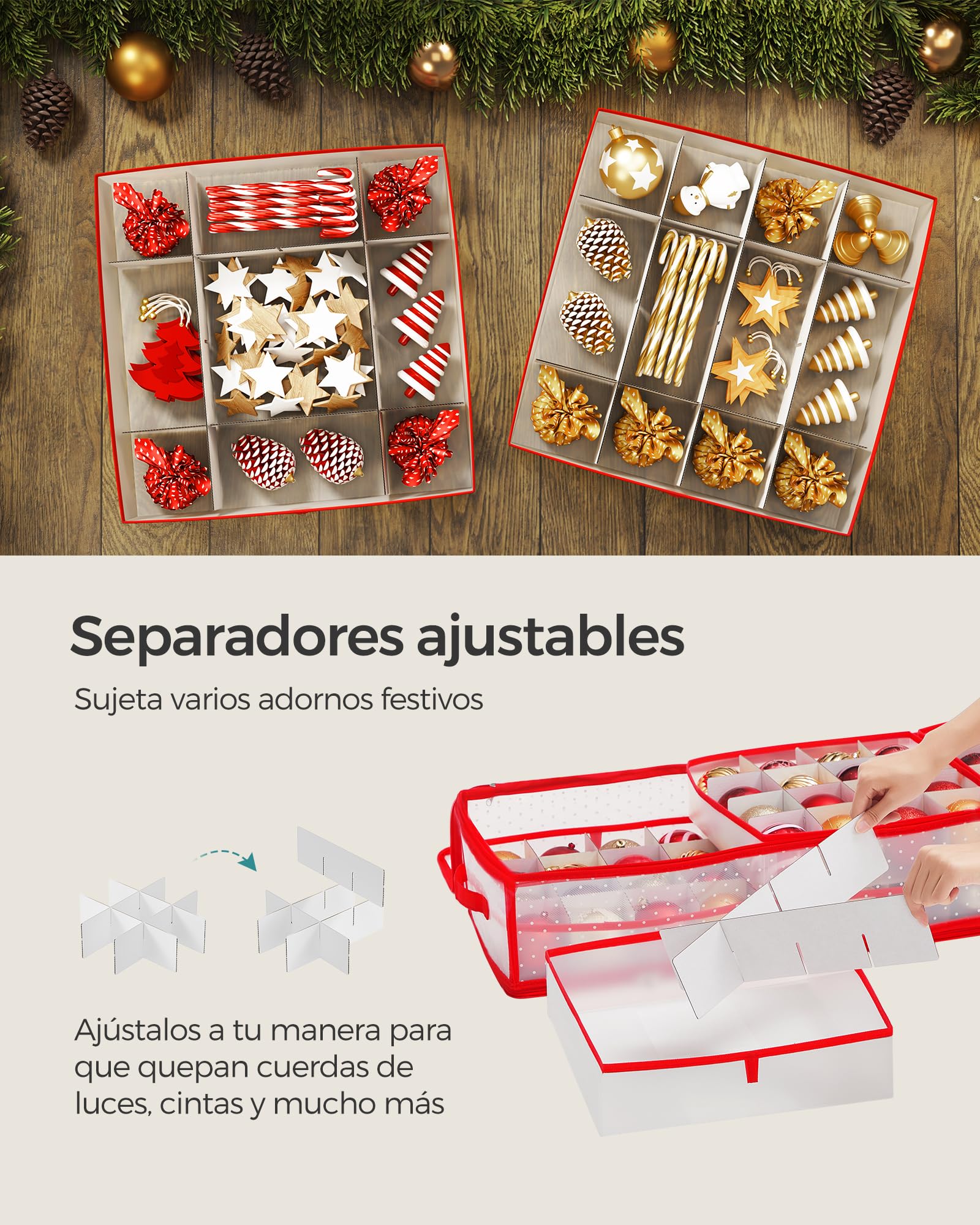 SONGMICS Caja Almacenaje para Bolas de Navidad, 96 Ranuras de 7,6 cm, 96,5 x 33,5 x 17,5 cm, Caja Almacenaje con Separadores, Cremalleras, Asas Laterales, Debajo de Cama, Rojo Cereza RFB031T02