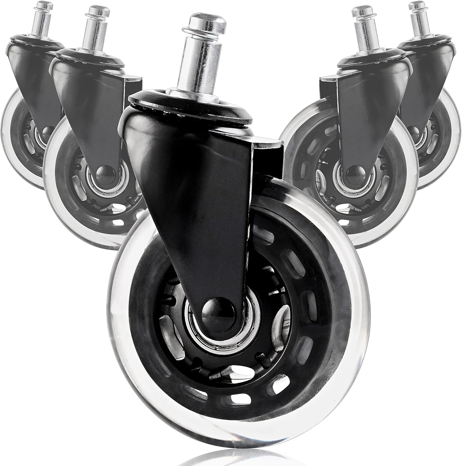 Asani Replacement Caster Wheels with Noise-Free Bearings (3”) | 650lb Load Capacity | Protects Floors & Carpets | Smooth Rollerblade Casters for Office & Executive Chairs (Set of 5) (Black)
