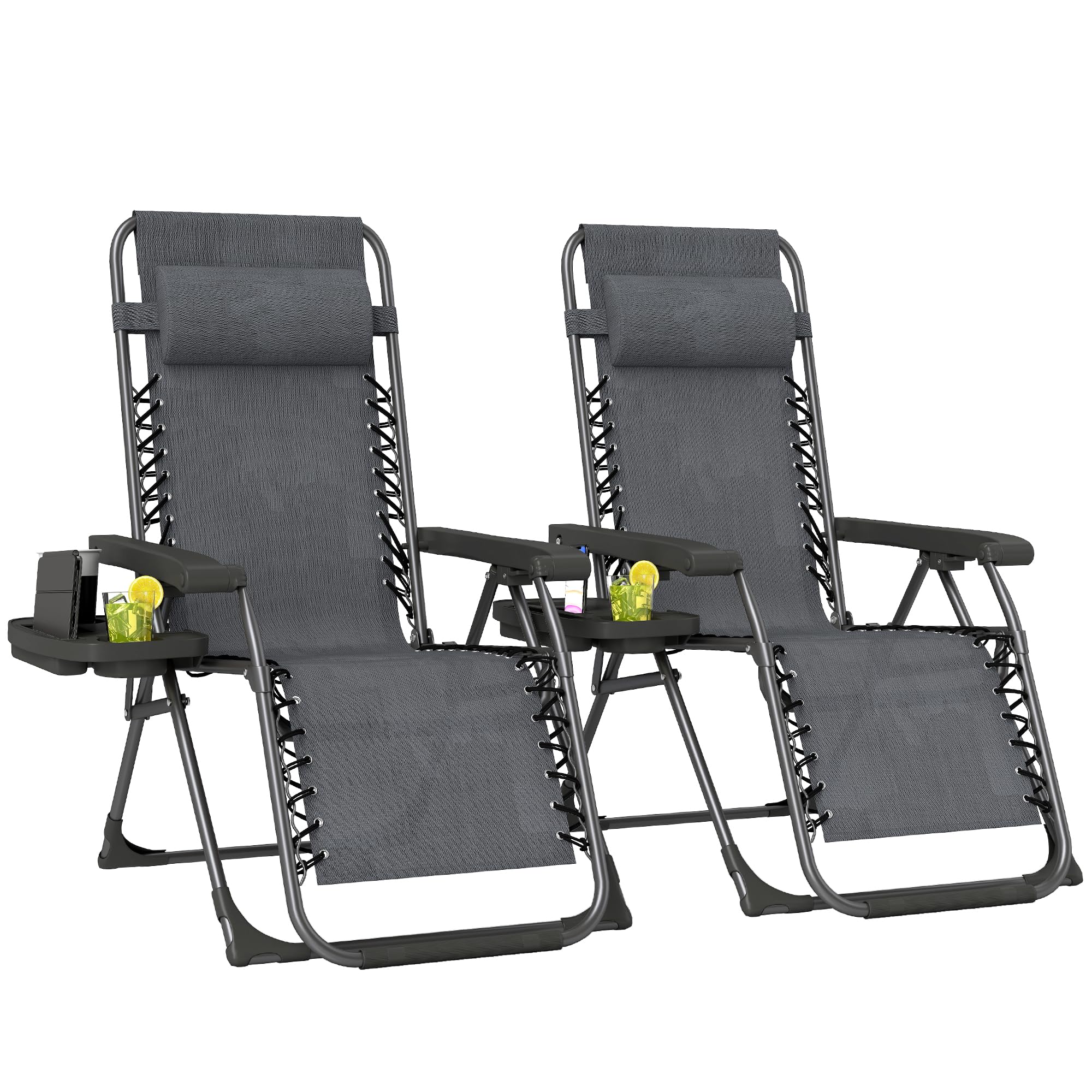 Outsunny Zero Gravity Chairs Set of 2, Folding Adjustable Sunloungers Garden Recliners with Cup Holder and Headrest, Reclining Garden Chairs for Patio, Beach, Terrace, Camping, Dark Grey — image 1