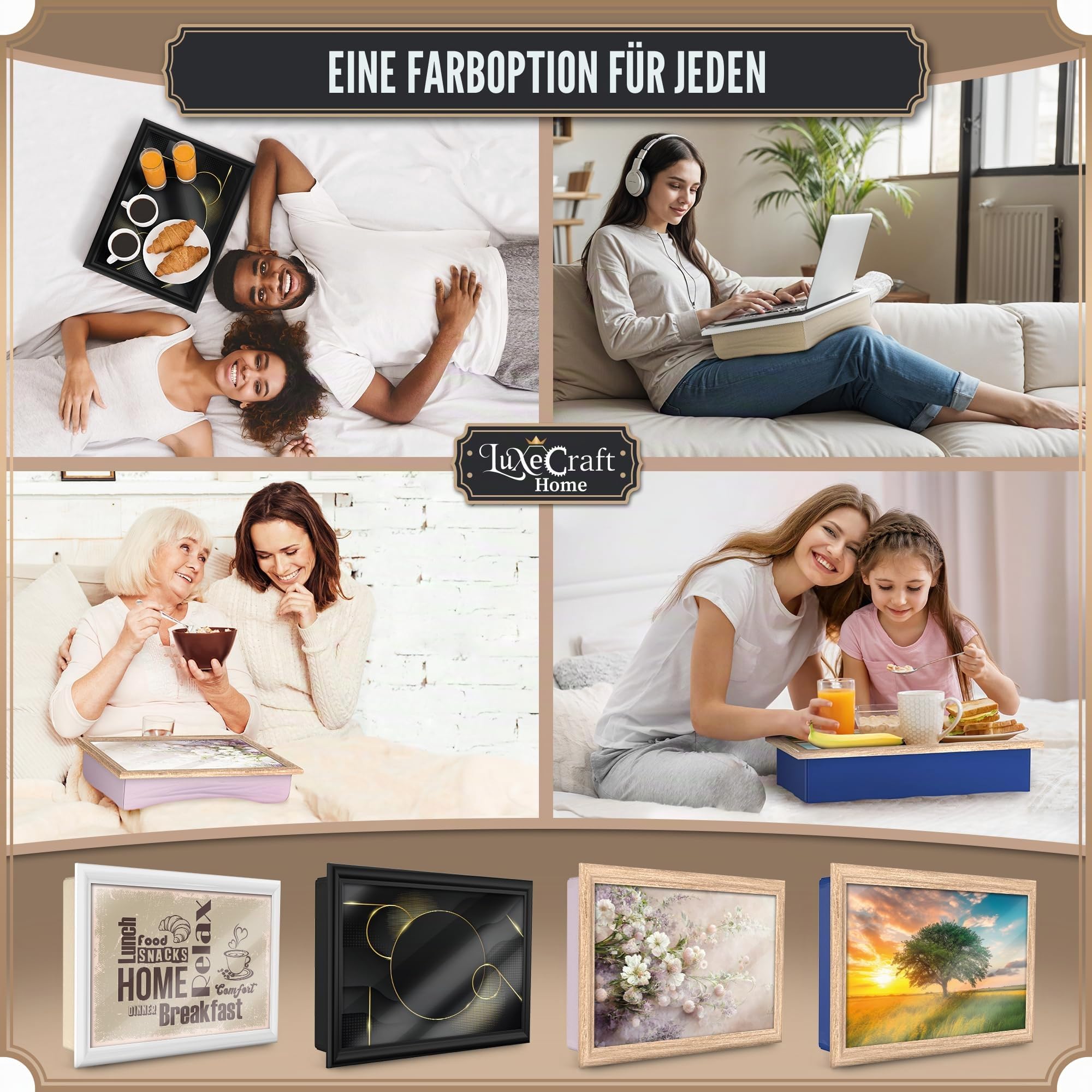 Empire Knietablett mit Sitzsackkissen - Holz Weich Gepolstertes Knietablett mit Kissen zum Essen, Trinken & Laptop - Ideal für Frühstück, Abendessen, Snacks & Arbeit - Komfortabel, tragbar mit