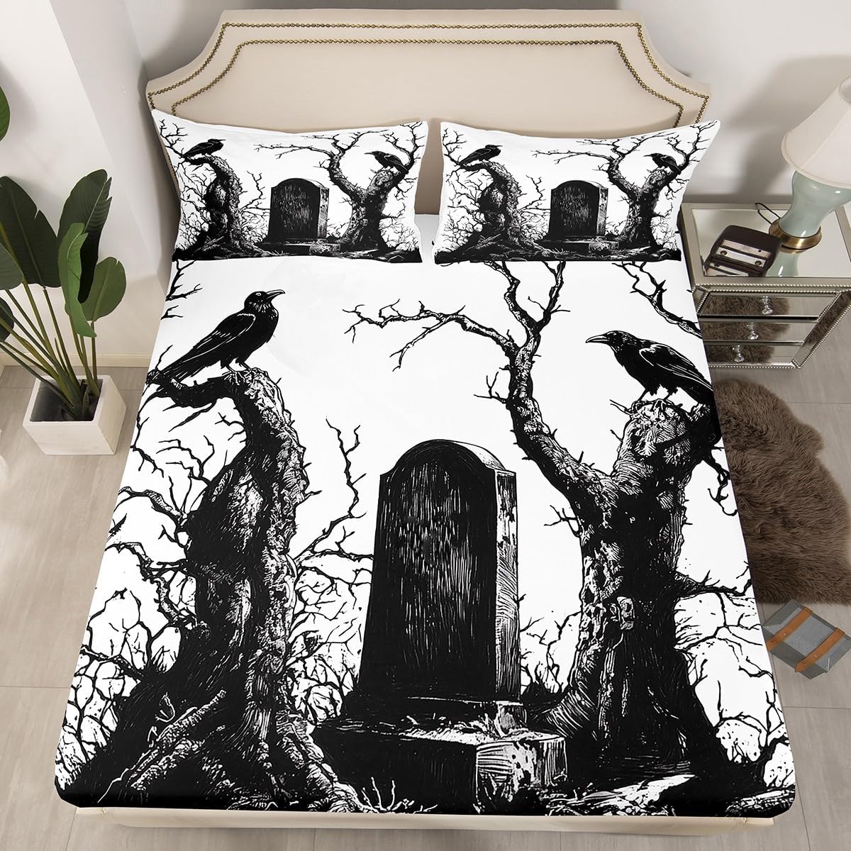 Erosebridal Crow Fitted Sheet Full Size Branches Bed Sheets Black White Halloween Spooky Adults Women Men Bed Set Festival Deep Pocket Sheets