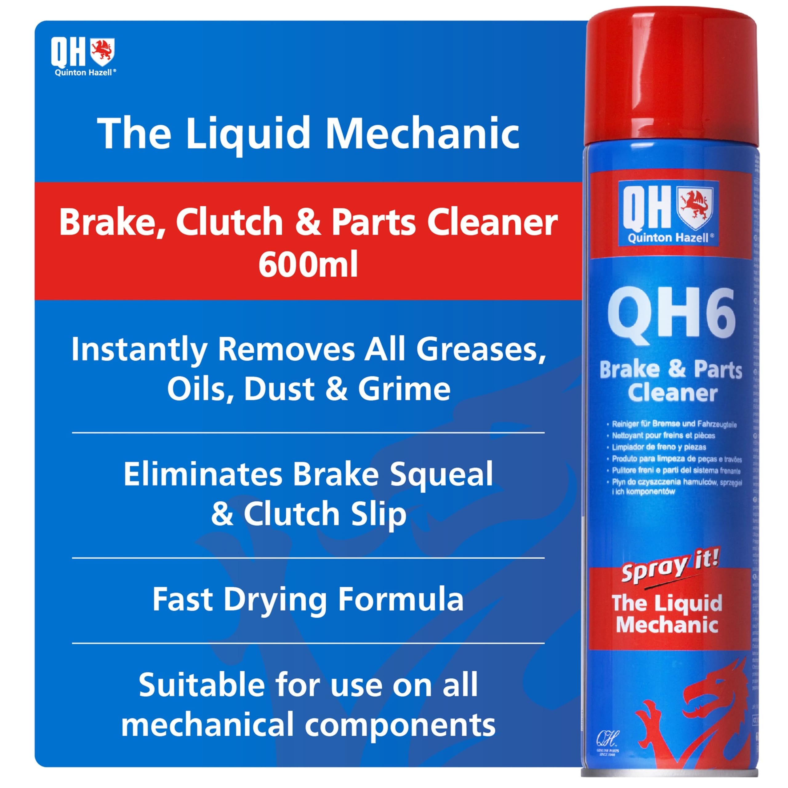 Quinton Hazell Brake Cleaner Spray 600 ml - QH6 Brake, Clutch & Parts Cleaner, Fast Drying Formula Removes Grease, Oil & Dirt, Stops Brake Squeal & Clutch Slip