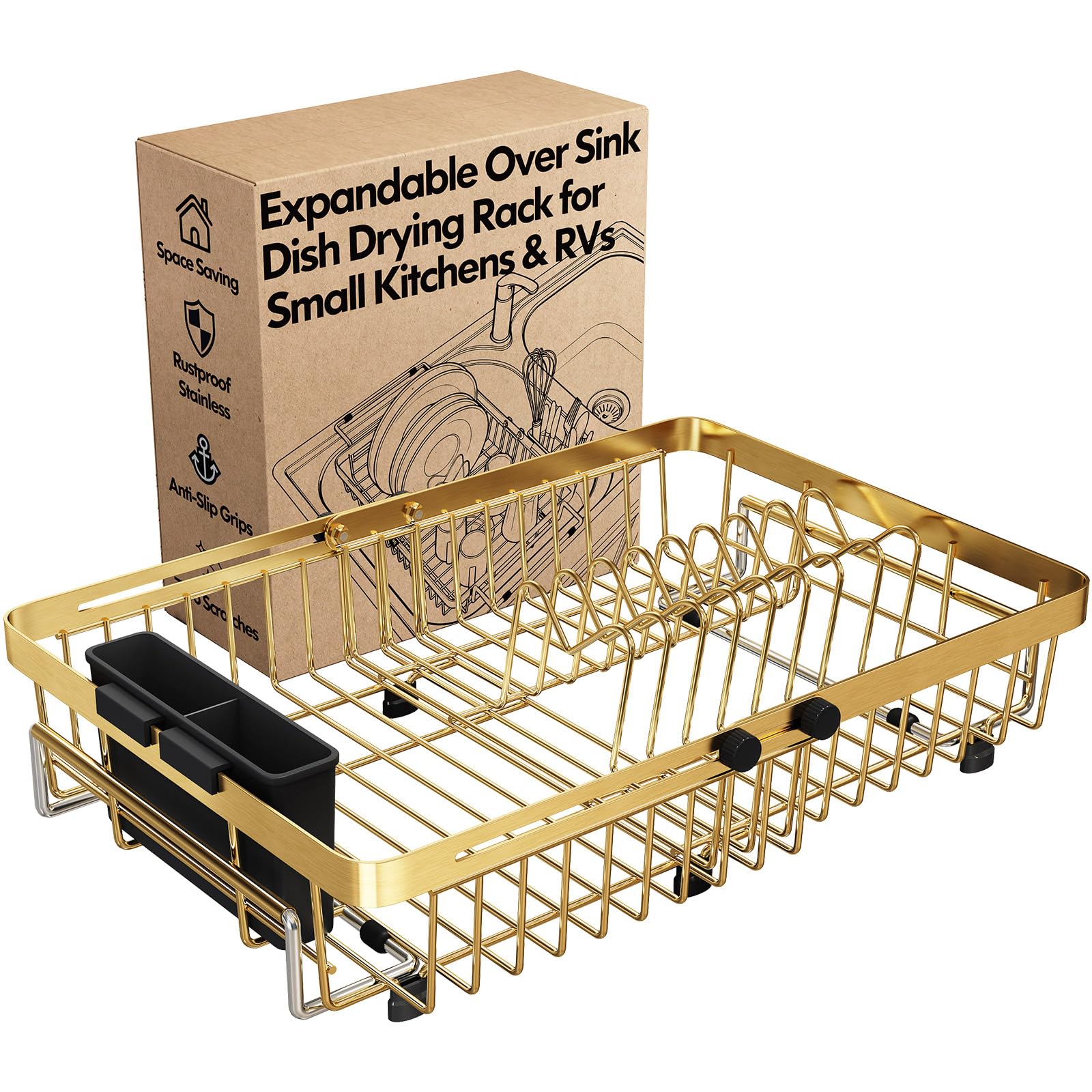 MAJALiS Gold Expandable Dish Drying Rack Over The Sink with Anti Slip Grip