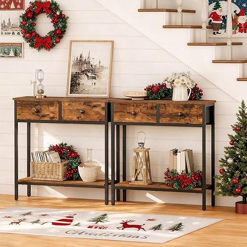 Miniatura 2 de HOOBRO Mesa consola estrecha de 29.5 pulgadas con 2 cajones de tela, mesa de entrada pequeña con estantes de almacenamiento de 2 niveles, mesa de