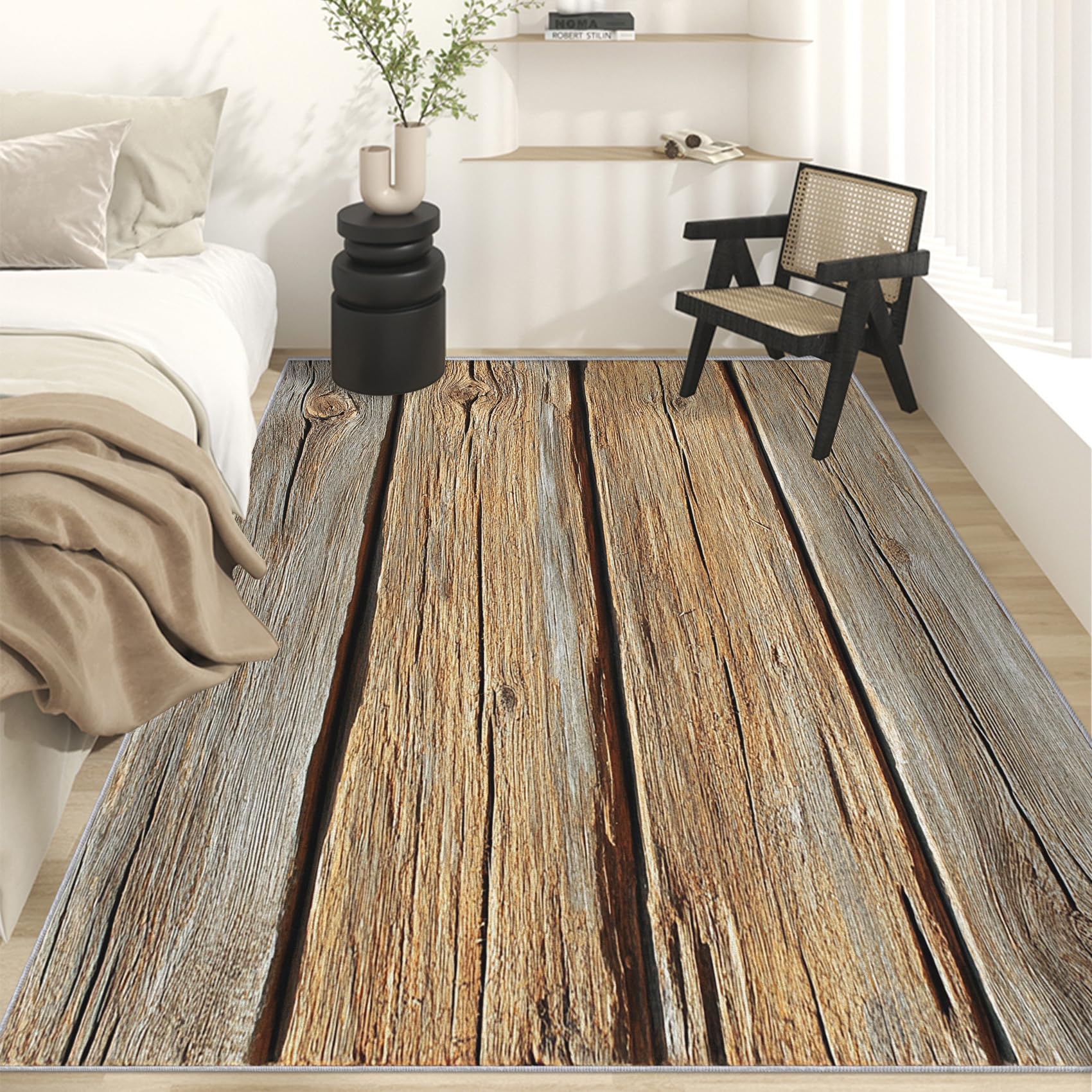 Generisch Holzoptik Teppich Wohnzimmer Schlafzimmer, Kurzflor rutschfest Rustikale Holzplanke Deko Teppich, Weich Waschbare Teppiche Gegend, 100x150 cm QAZ43