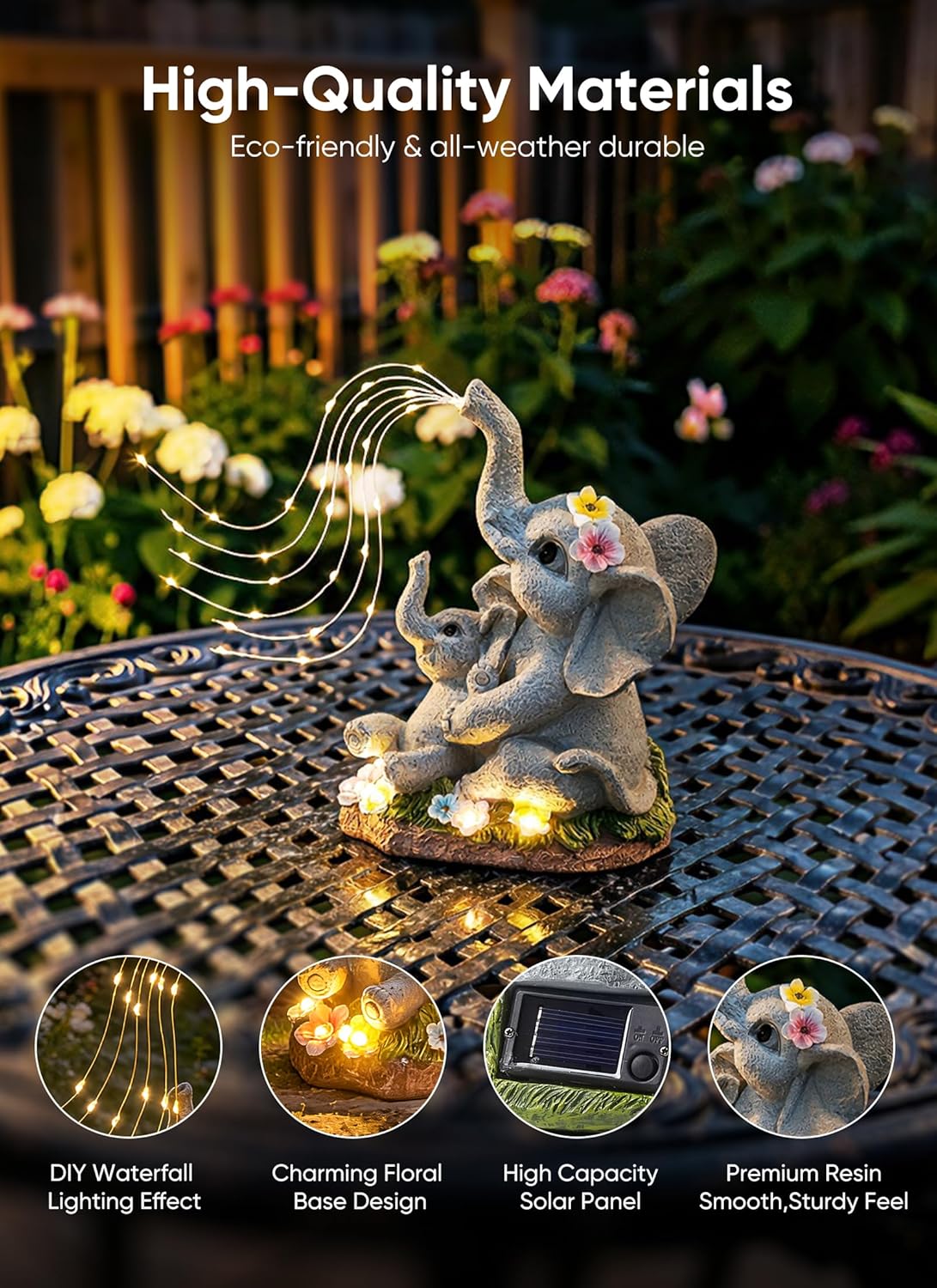 Brightown-Solar-Elephant-Garden-Decor-Statue with Succulent & Watering LED Lights, Waterproof Outdoor Decor for Patio, Lawn, Balcony & Yard Decorations Outdoor, Unique Mothers Day Gifts for Mom Women