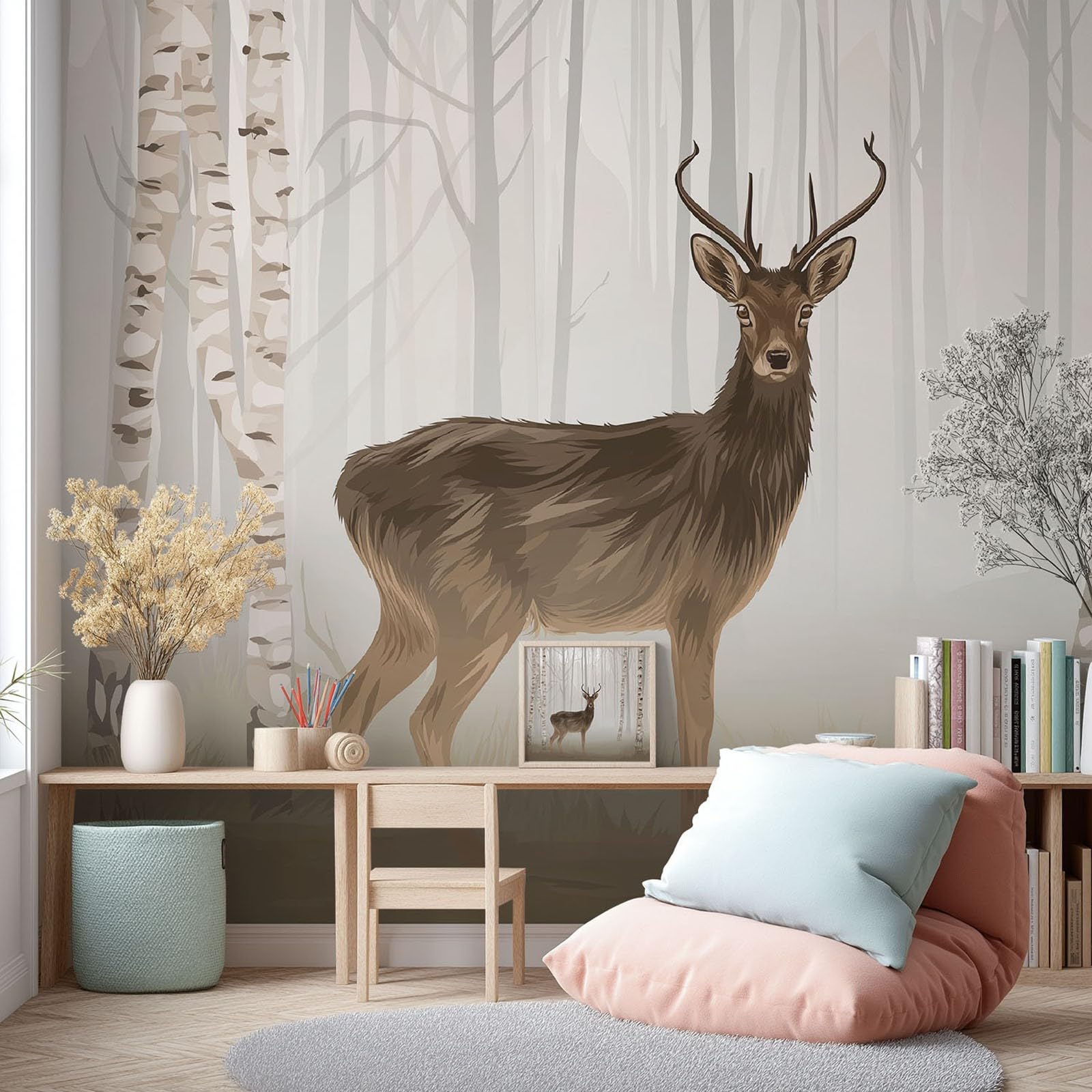 Générique Tapeta z włókniny 350 x 256 cm, mgiełka jeleń brzozy fototapeta do wejścia i sypialni, dekoracja ścienna jasnobrązowa natura realistycznie kojąca