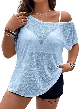 Hilinker Womens Plus Size Sheer Mesh Short Sleeve Top