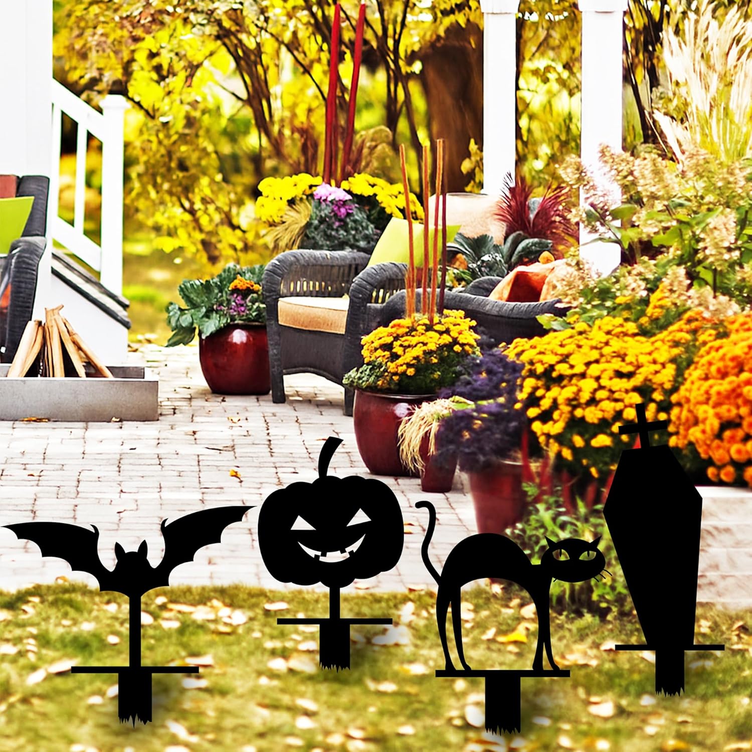 Metal Garden Halloween Sign with Stakes, Scary Cat Bat Pumpkin Tombstone Yard Sign, Spooky Silhouette Sculpture, Halloween Party Sign, Garden Fall Decoration, Halloween Decor for Outdoor Lawn Decor