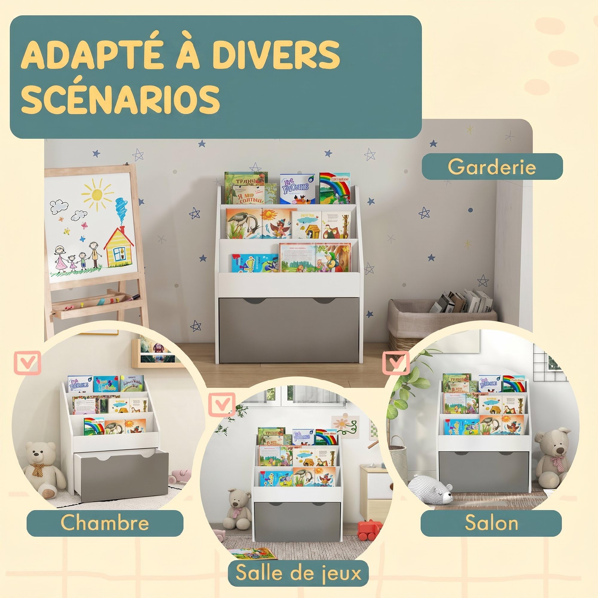 AIYAPLAY Bücherregal für Kinder, 62,5 x 30 x 70 cm (L x B x H), Grau und Weiß | Für Bücher und Spielzeug, multifunktional, 3 Regalebenen, Schublade