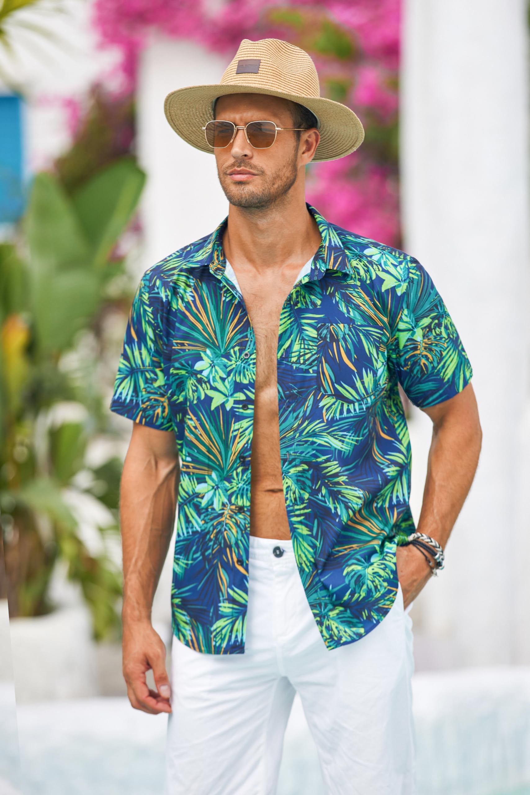COOFANDY Chemises Hawaïennes Homme 100% Coton, Chemises Été Manches Courtes Boutonnées, Tops Tropicaux Plage Coupe Standard