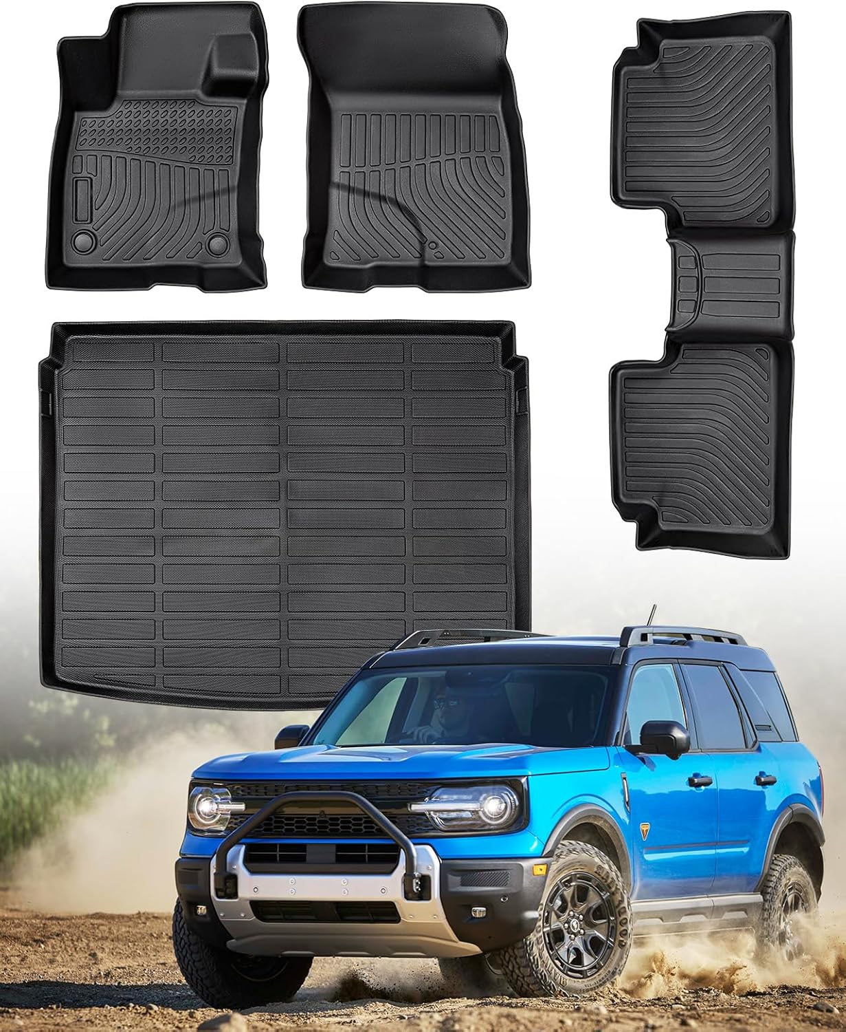 DiffCar® Floor Mats for Ford Bronco Sport: 2021 2022 2023 2024 2025 (only for Sport), All Weather TPE Car Accessories for Bronco Sport 2021-2025 Black Floor Mats & Trunk Liner (w/Full Size Spare Tire)