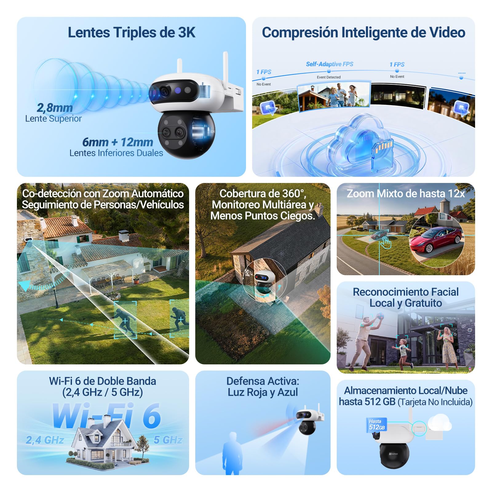 EZVIZ C90f Triple Cámara Vigilancia Exterior WiFi 6, 3K Cámara Triple Lente 360° con Zoom Mixto 12x, Motor Triple, Detección de Humanos/Vehículos IA, Reconocimiento Facial, Visión Nocturna en Color