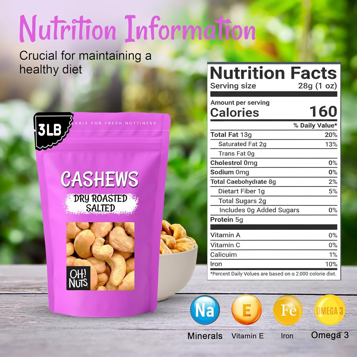 Oh! Nuts Cashews Roasted Salted - 3 lb - Oven Dry Roasted Cashews - Packed in New York Zip-Seal Bag for Exceptional Freshness