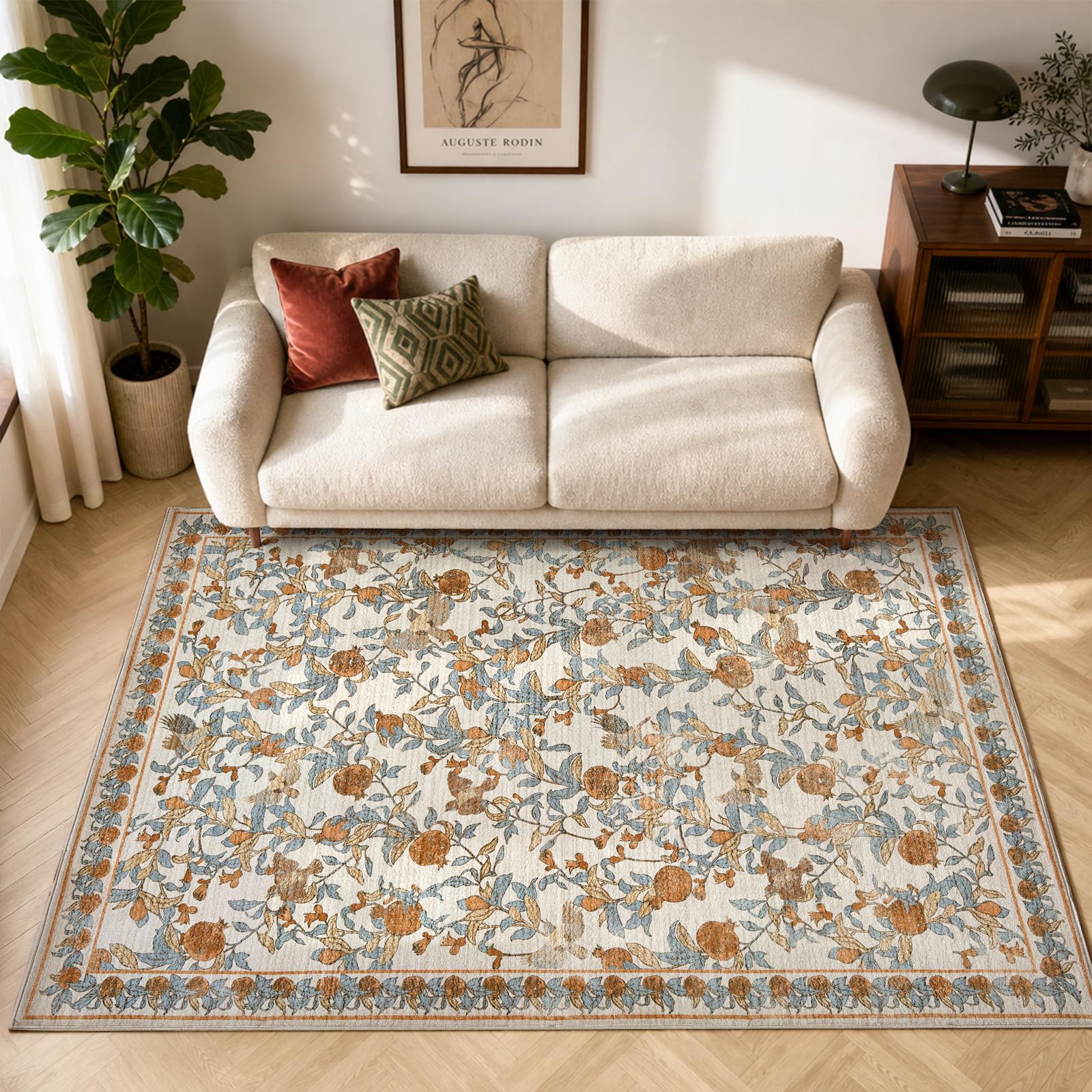 TOPICK Area Rugs for Living Room with Vintage Pomegranate & Bird Pattern, 140x200 cm Large Soft Cashmere Texture Rug for Bedroom, Lightweight Machine Washable Non Slip Rug, Easy Care, Beige Orange — image 1
