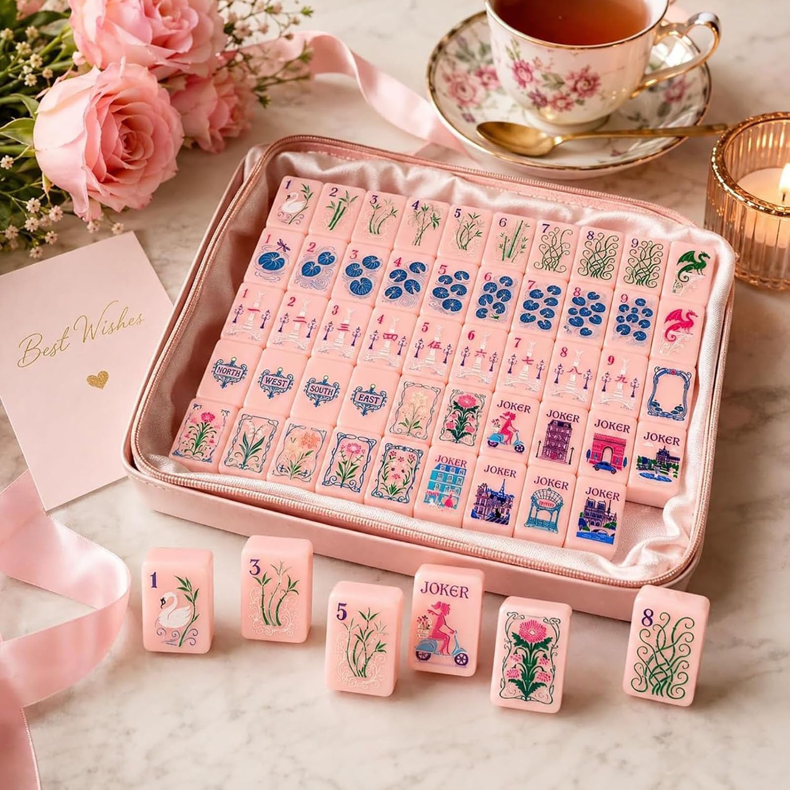 Tessere Mahjong Moderne In Acrilico (base Rosa), Set Mahjong Per Adulti In Stile Americano Rosa Da 160 Pezzi, Design Inciso A 4 Strati, Mahjong Alla Moda A Tema Parigi Per Serate Tra Amiche, Per