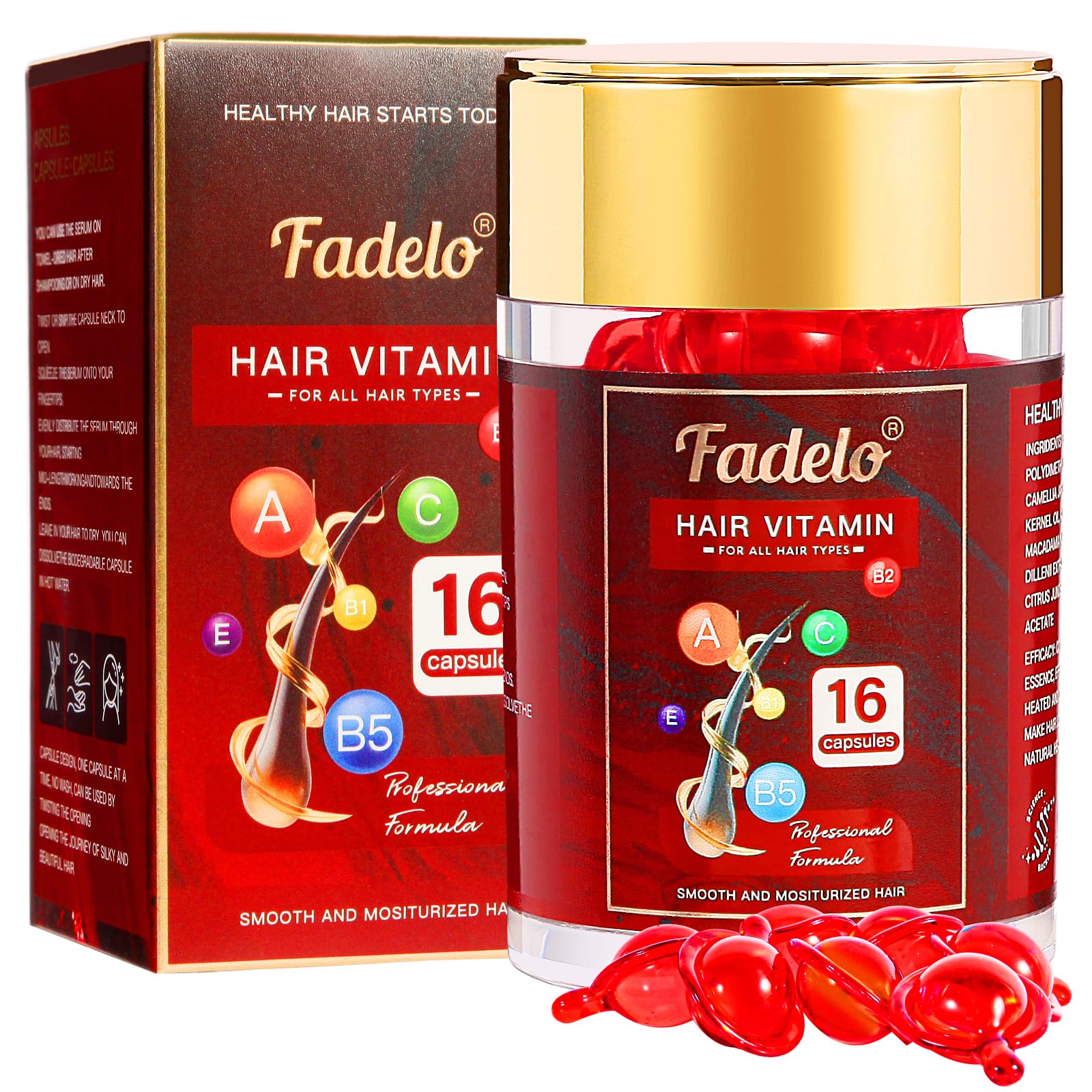 Hair Vitamins Capsule - Rich in Vitamin A C E and Pro B5 - No Rinse Serum for Frizzy and Dry Damaged Hair - Enhanced Argan/Macadamia/Avocado Oils
