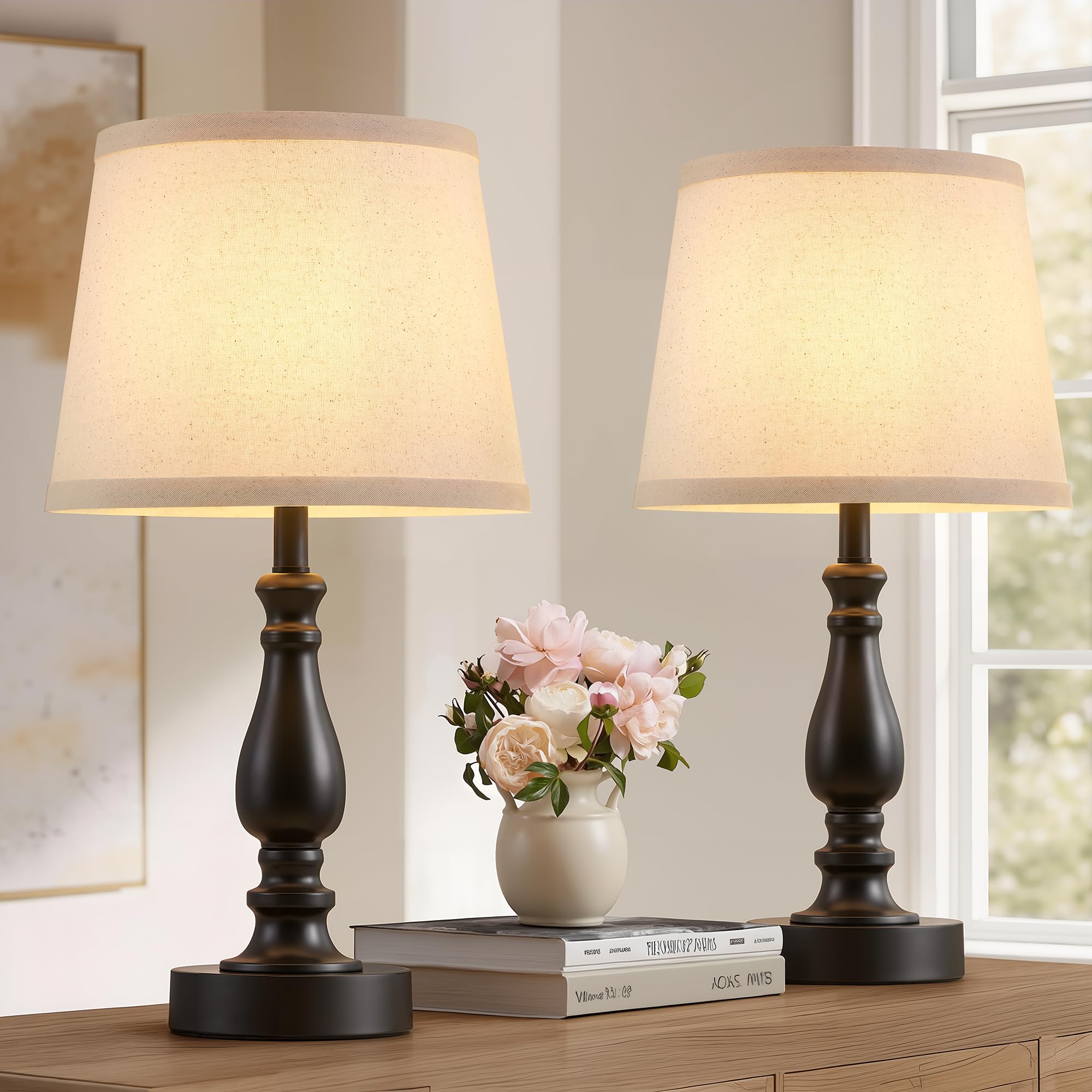 Set di 2 lampade da comodino piccole da 48,3 cm con interruttore rotante, lampade moderne per soggiorno, comodini, lampade da scrivania per casa e ufficio, con paralume in lino per lettura