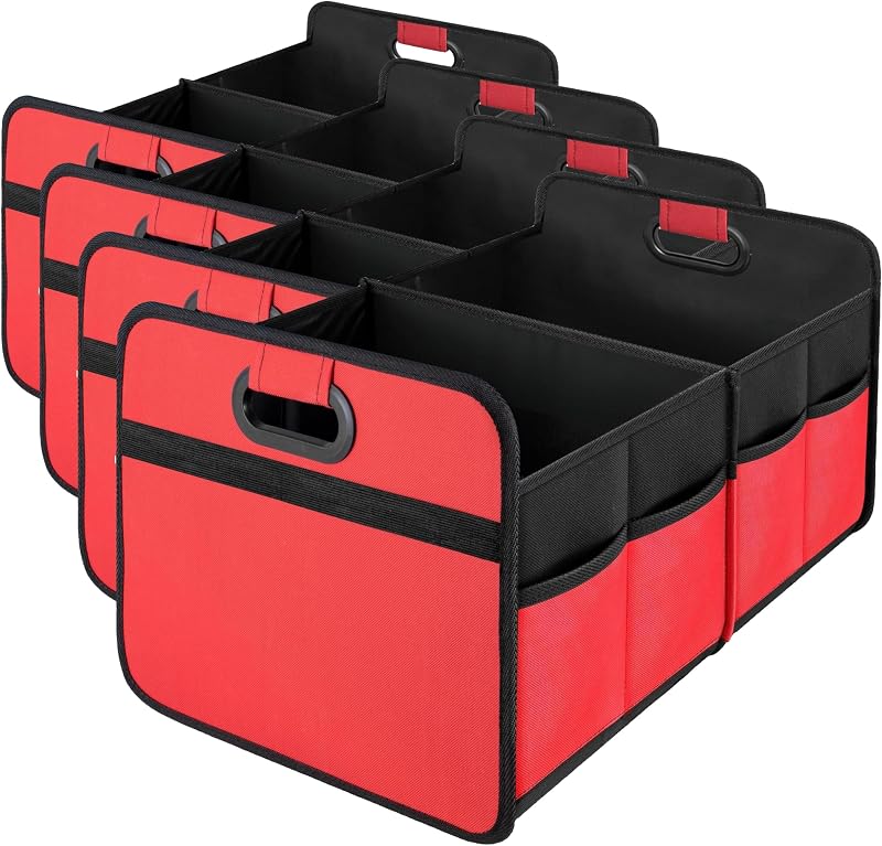 Simple Deluxe Car Trunk Organizer, 2 Compartments Collapsible Trunk Storage, Anti-slip Design, Made of Waterproof 600D Oxford Polyester, Suitable for SUV, Minivan, Truck, Standard Size, Red