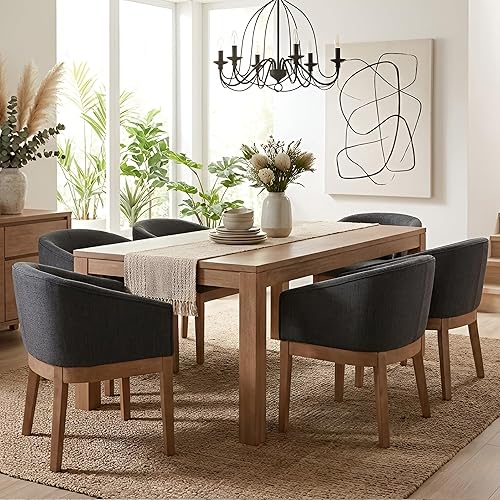 Miniatura 11 de Juego de 6 sillas de comedor de barril tapizadas modernas de mediados de siglo con brazos, sillas de cocina y comedor de lino de granja con marco