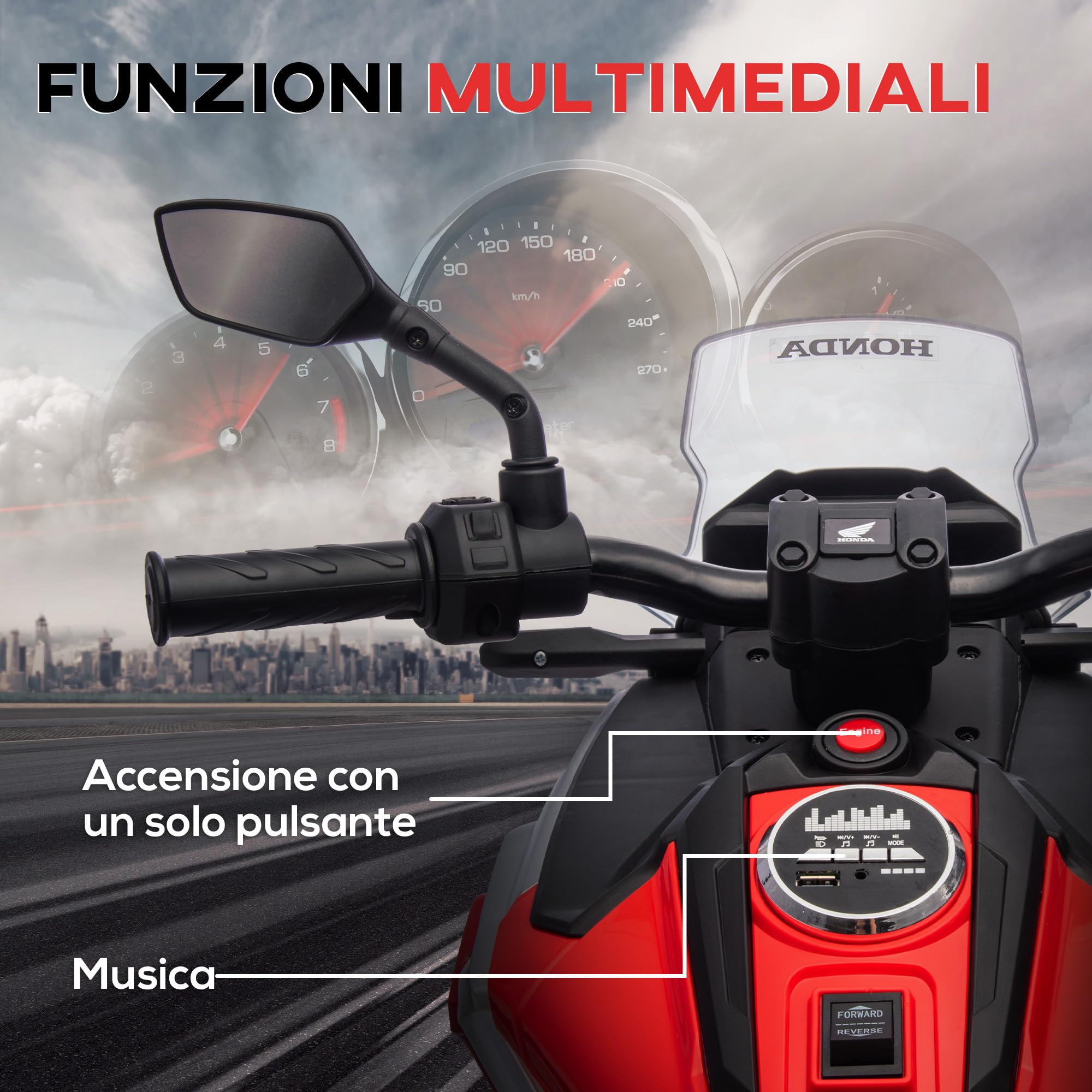 AIYAPLAY Moto Elettrica per Bambini 3-6 Anni Licenza Honda con Fari, Musica e Rotelle, 107x46x75 cm Rosso