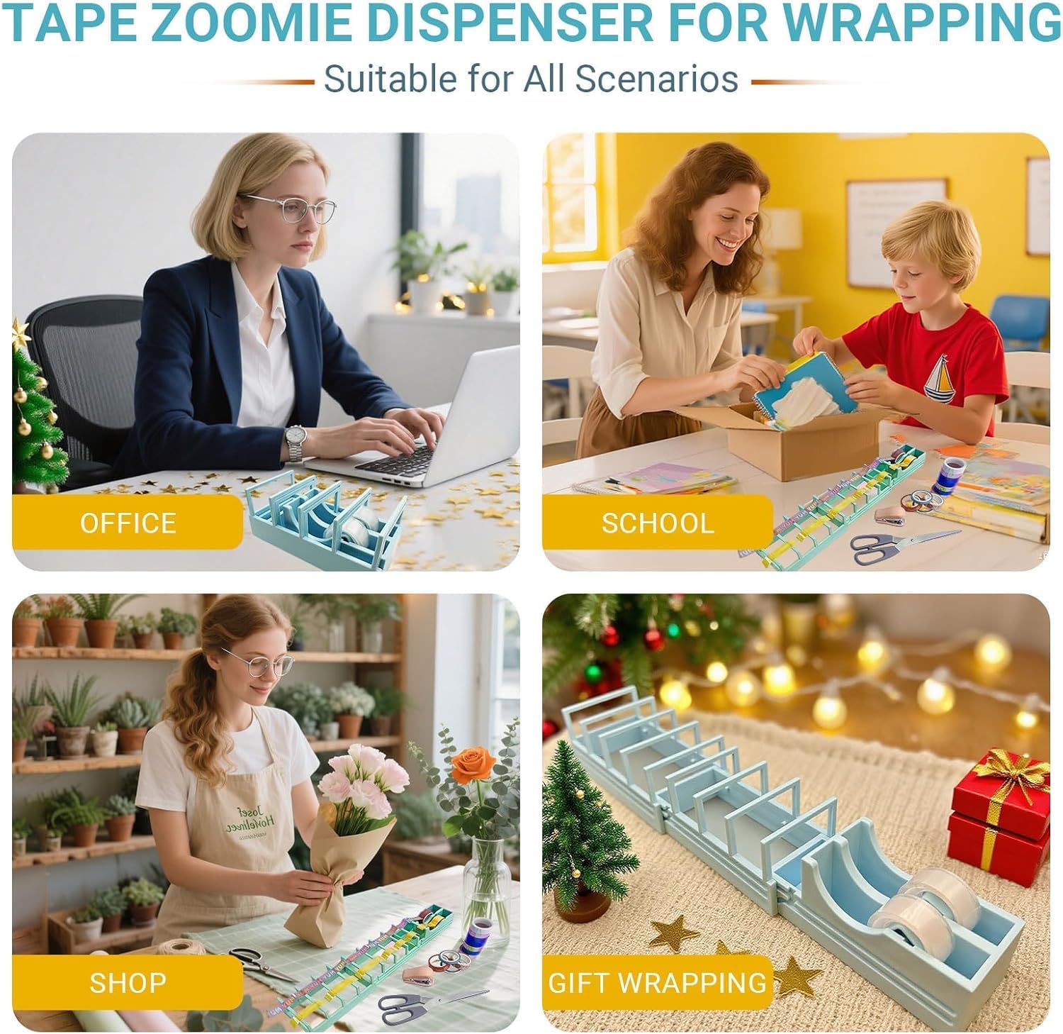 Original Virus Desktop Tape Dispenser for Gift Packaging and Crafts, Capable of preparing 18 Tapes Without the Need for Blades, Standard, Double-Sided Tape (Blue)