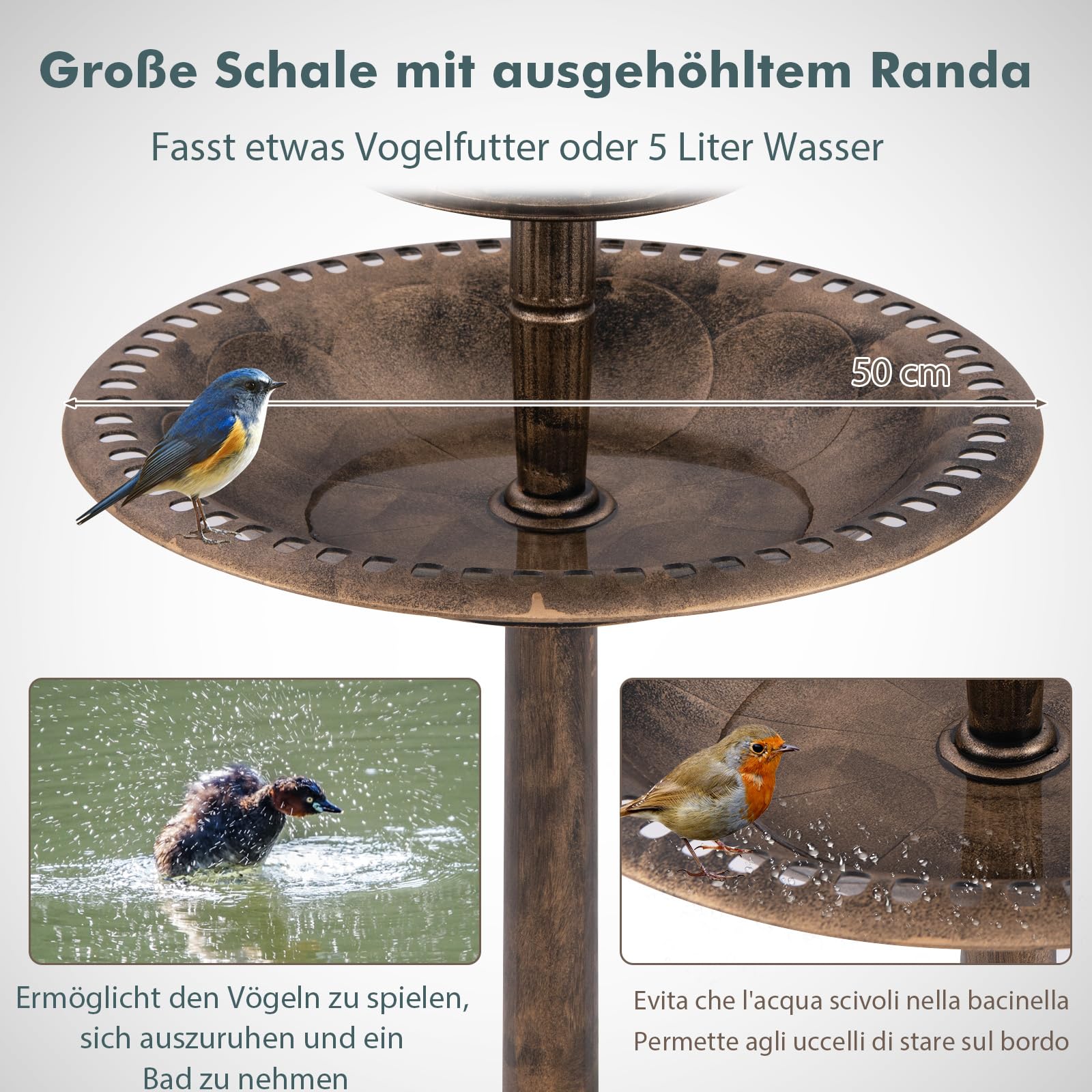 GOPLUS Vogeltränke stehend, Vogelbad Retro mit Solarlicht, Vogelbrunnen Winterfest mit Blumenpflanzer, Garten Tränke Bad für Wildvögel, Wassertränke für Vögel, Bird Bath für Outdoor (Antik-Bronze)