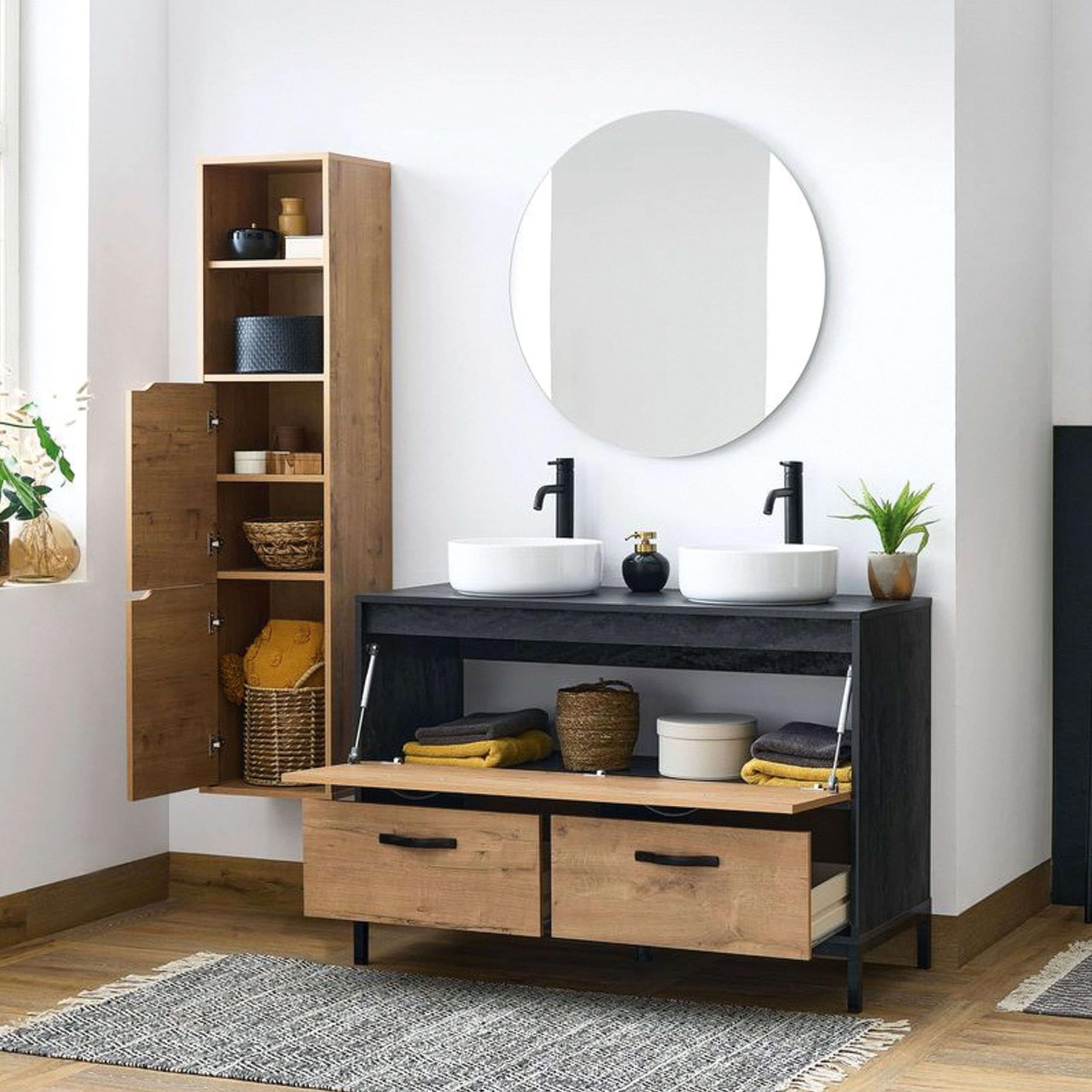 Muebles Pitarch | Mobile da bagno doppio, larghezza 120cm, industriale, Nero e Rovere Gold, con struttura a piedi, 2 cassetti e 1 porta, per lavabi da appoggio, modello Sena