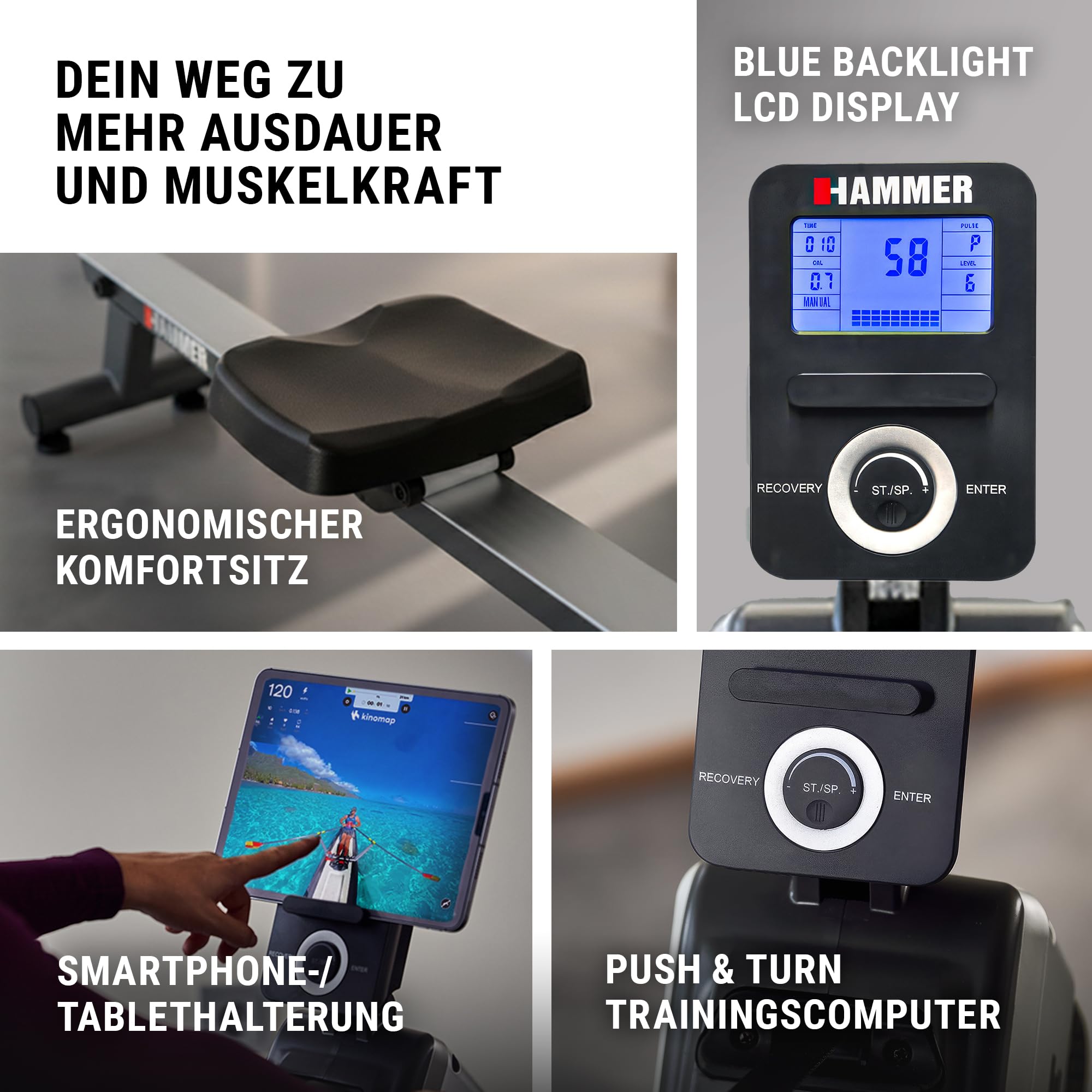 HAMMER Rudergerät Pro Force - platzsparendes, leichtes & hocheffektives Ausdauergerät mit 20 Trainingsprogrammen und Tablet-Halterung, bis 120 kg Nutzergewicht