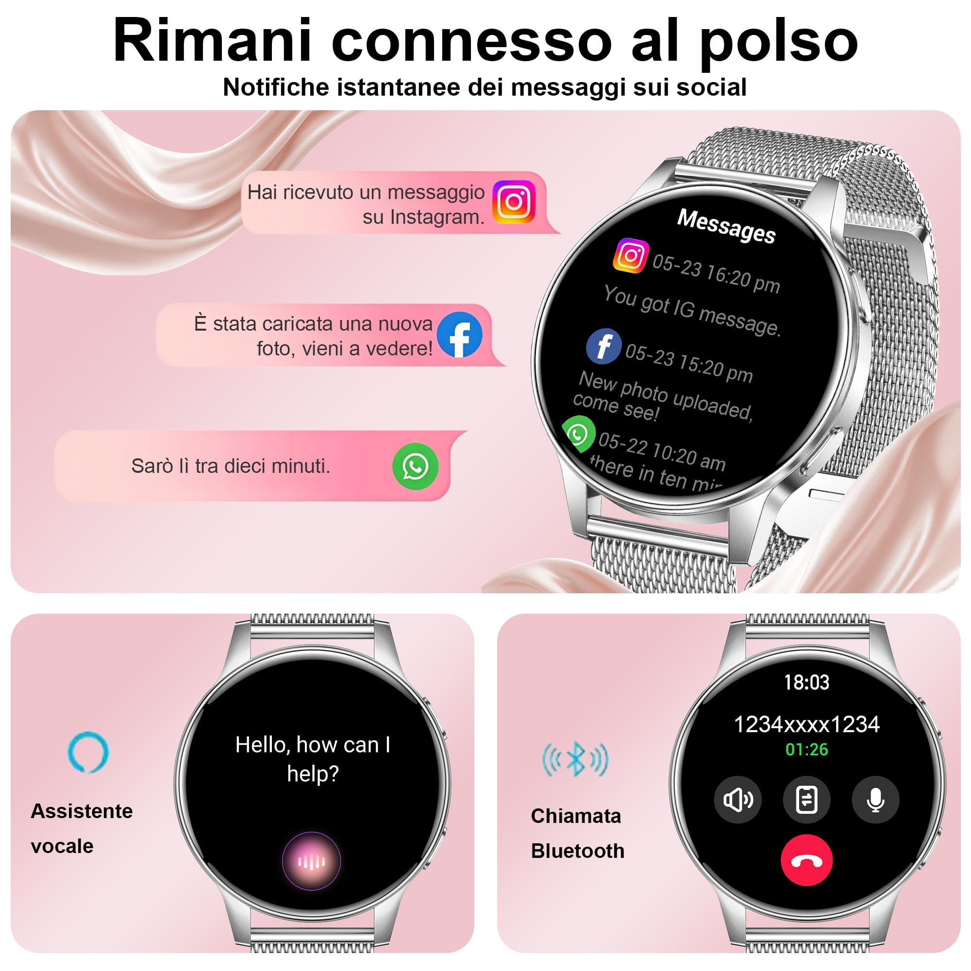 Smartwatch Donna con Chiamate Bluetooth, 3 Armbänder, 1.27" HD