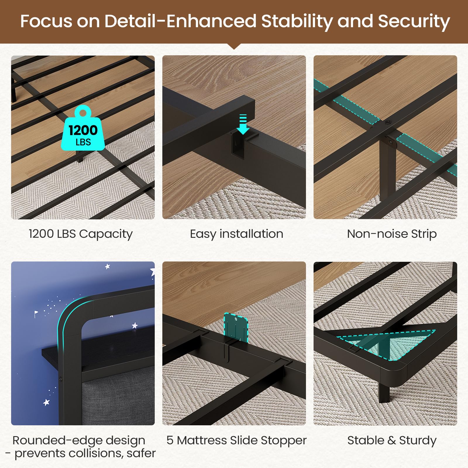 Brinlawb Full Floating Bed Frame with Charging Station and LED Lights, Upholstered Headboard with Storage, Full Size Metal Bed Frame with Heavy Duty Steel Slats, No Box Spring Needed, Easy Assembly: Black & Grey Full