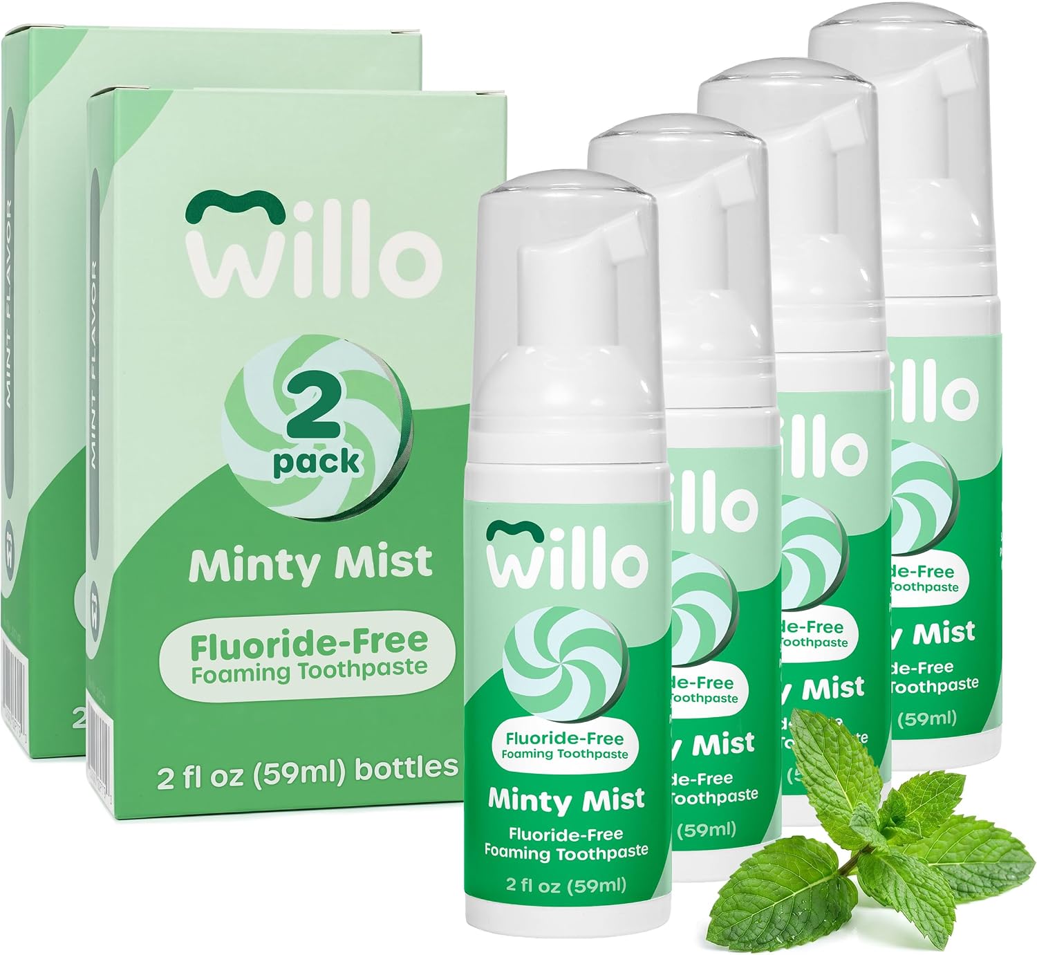 Willo Fluoride-Free Foam Kids Toothpaste, 4-Pack, 2 Fl Oz, Minty Mist