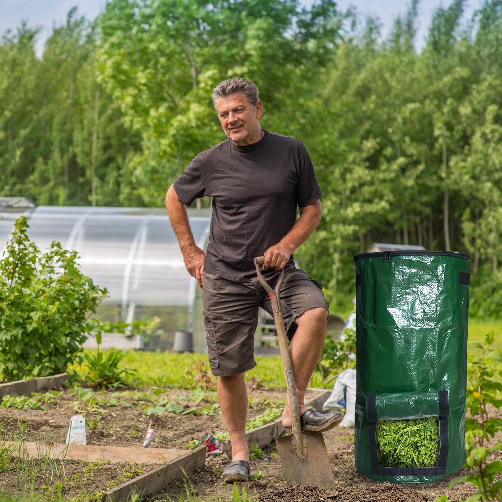 Stand up kompostownik, 2 sztuki szybkiego kompostownika z pokrywką, worek wielokrotnego użytku, składany kompostownik ogrodowy, pojemnik z tworzywa sztucznego, do ogrodu, na taras i balkon (34 galony)