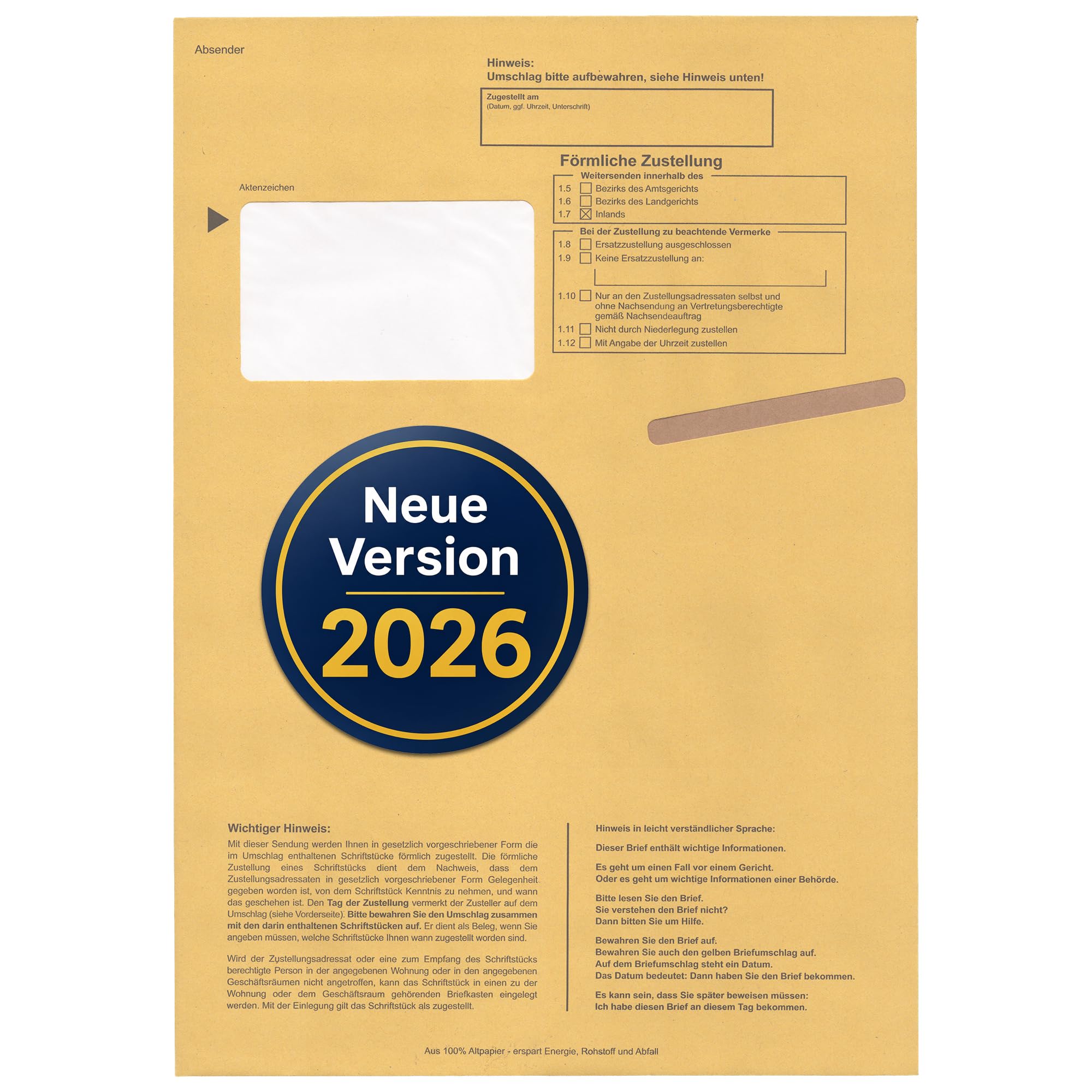 Postzustellungsumschläge C4 „ Förmliche Zustellung “ - Postzustellungshüllen C4 mit Fenster (229 x 324 mm), gelb, haftklebend, 100 g/m² Recyclingpapier – Einsteckschlitz & Inlet (Anzahl 100)