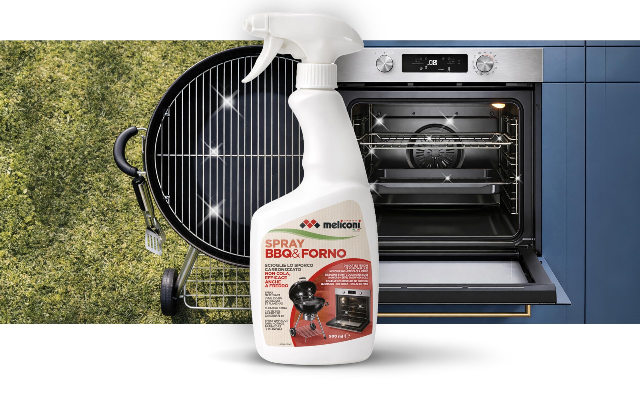 Meliconi Spray Forno e BBQ 500 ml, Detergente Sgrassante Schiumogeno ad Alta Aderenza, Rimuove Sporco Carbonizzato anche a Freddo, Made in Italy, Flacone con 50% Plastica Riciclata