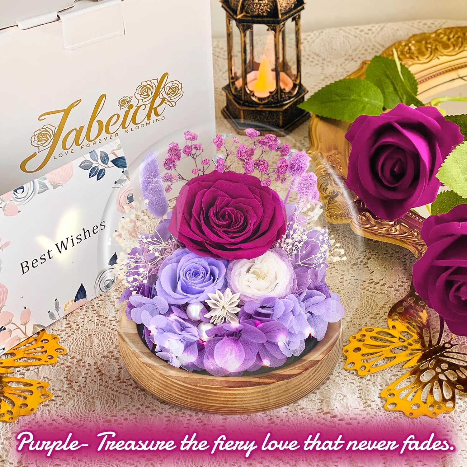 Preserved Flowers Roses in Glass Dome, Forever Flowers for Delivery Prime, Eternal Rose Long Lasting Flowers Gifts for Women Mom Wife Grandma Friends(Purple) - Image 2