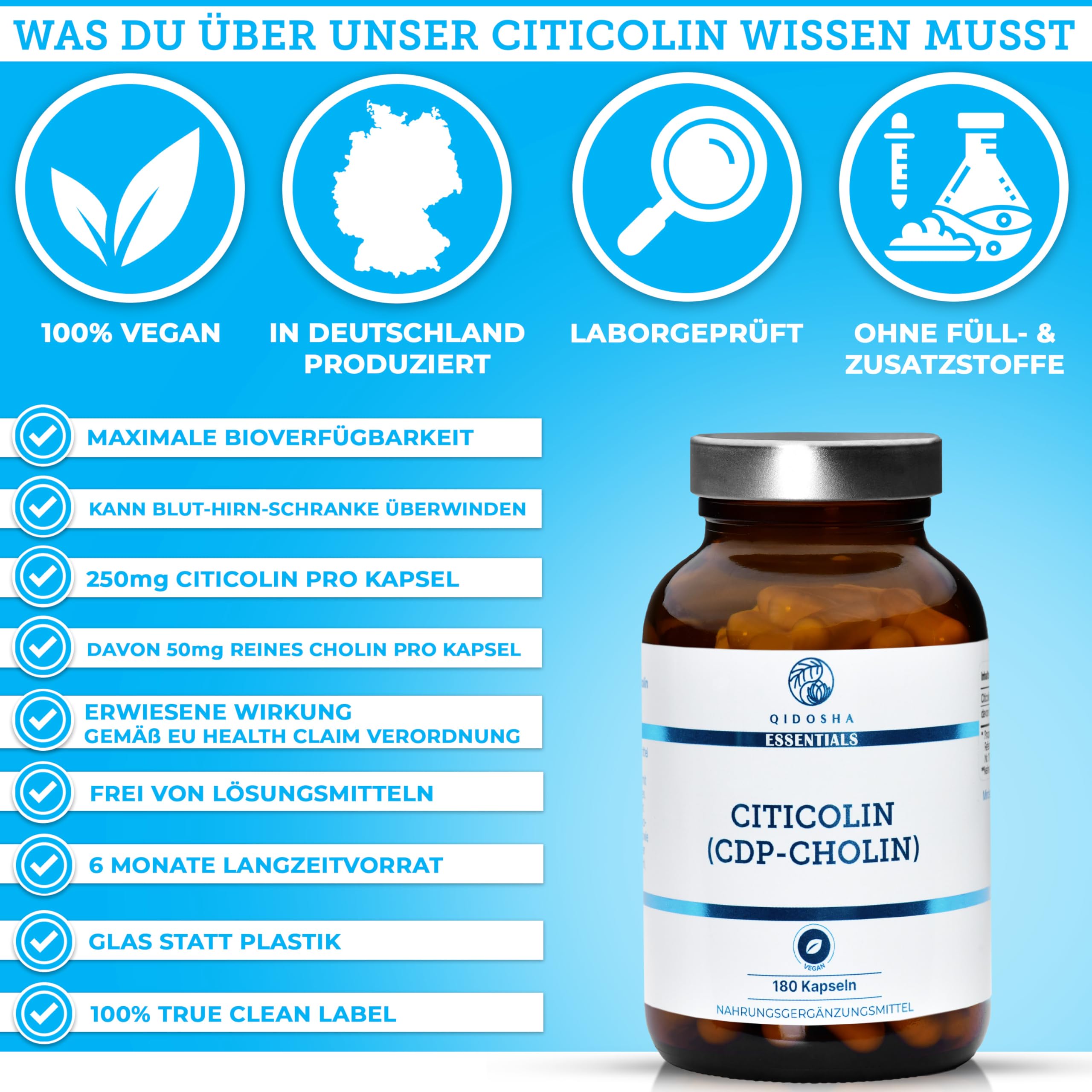 QIDOSHA® CDP Cholin (Citicolin) Kapseln, 180 Kapseln im Apothekerglas, volle 250mg Citicolin/CDP Cholin je Kapsel, vegan, laborgeprueft, deutsche Fertigung, Citicoline CDP Choline 250mg