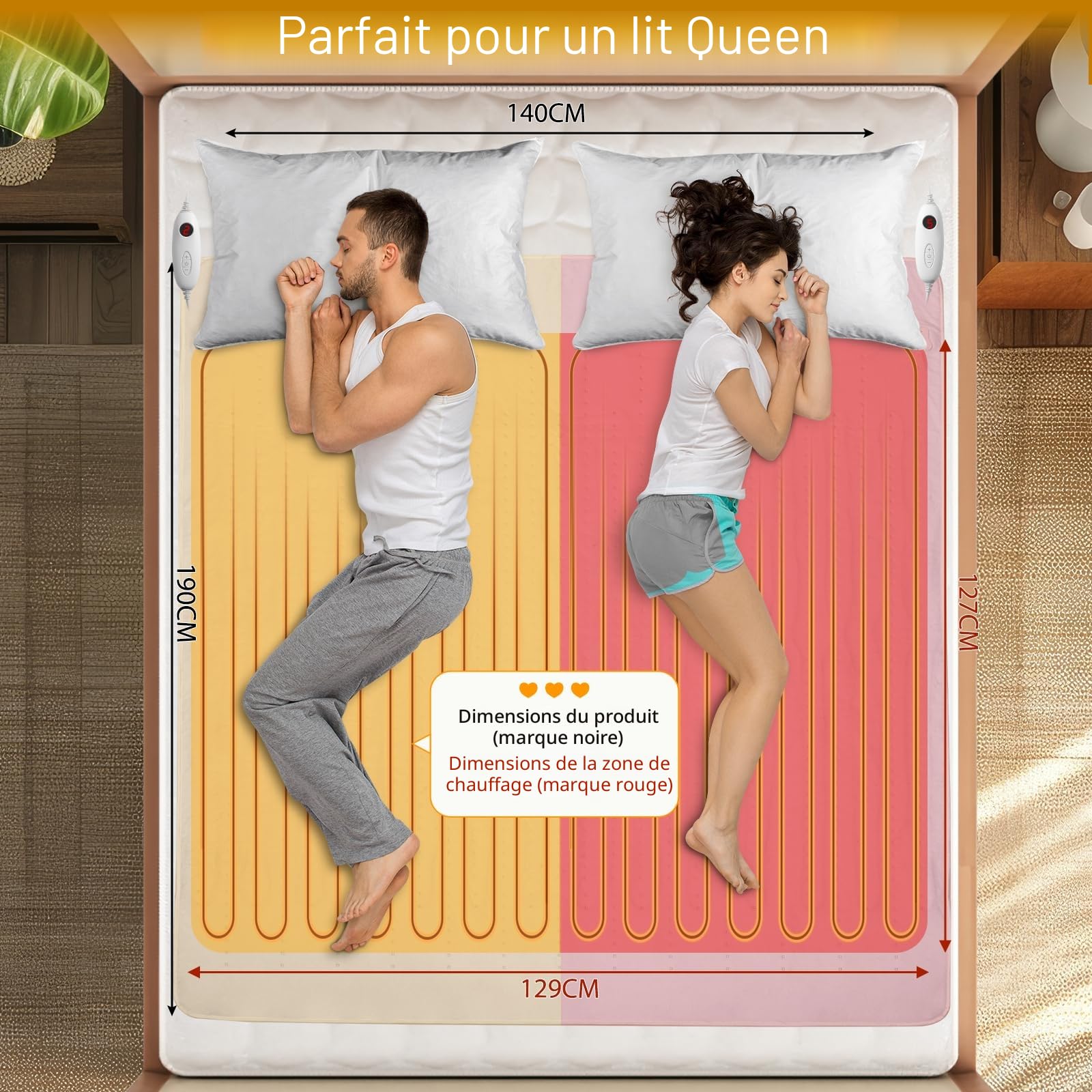 TLGREEN Surmatelas Chauffant 2 Places, 100W, 187x139 cm, 6 Température & 2 Télécommande, D'arrêt Automatique et Protection Contre la Surchauffe, Lavable en Machine, sous-Couverture Électrique