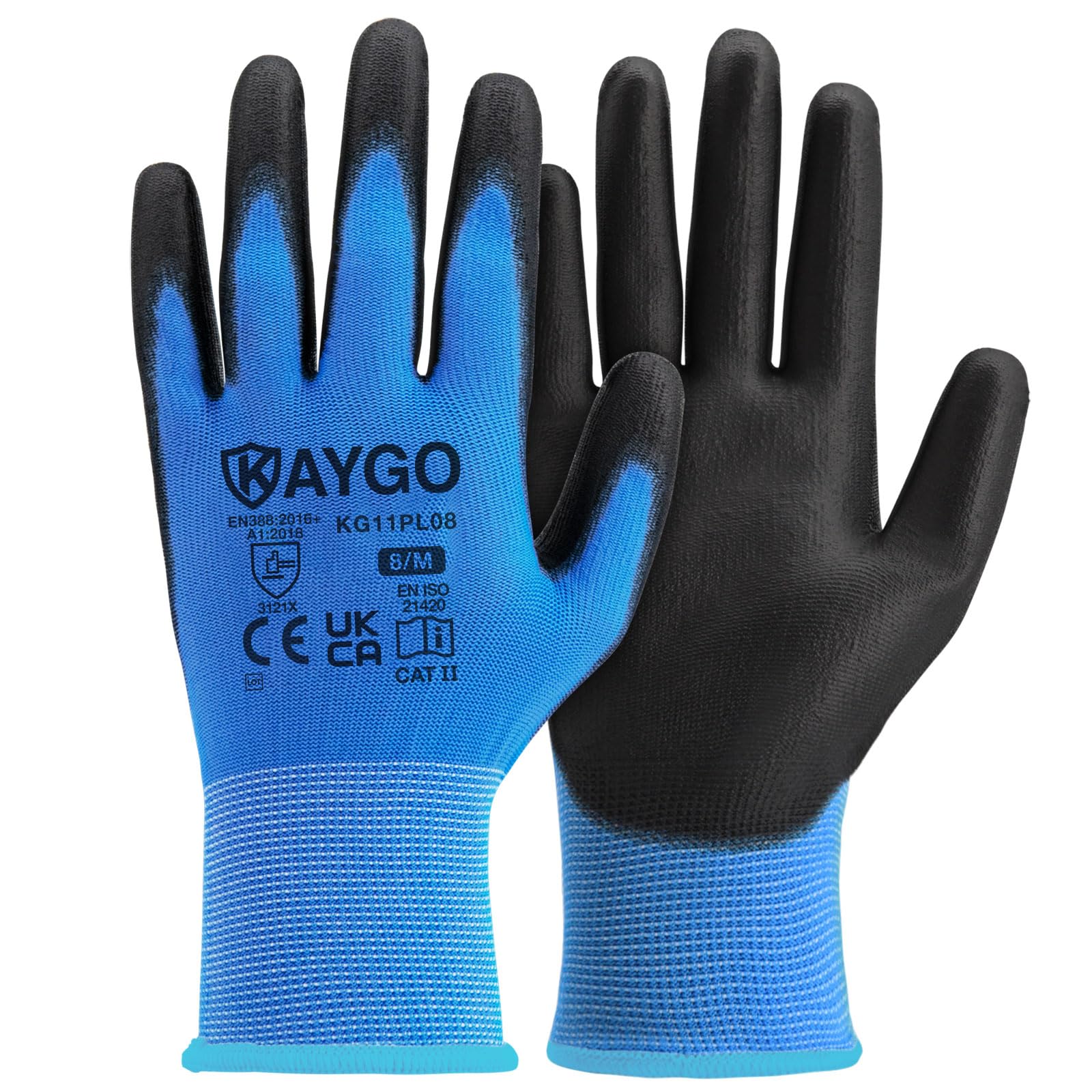 KAYGO Work Gloves PU Coated-12 works, KG11PL, Safety Working Gloves with Secure Grip on Palm & Fingers