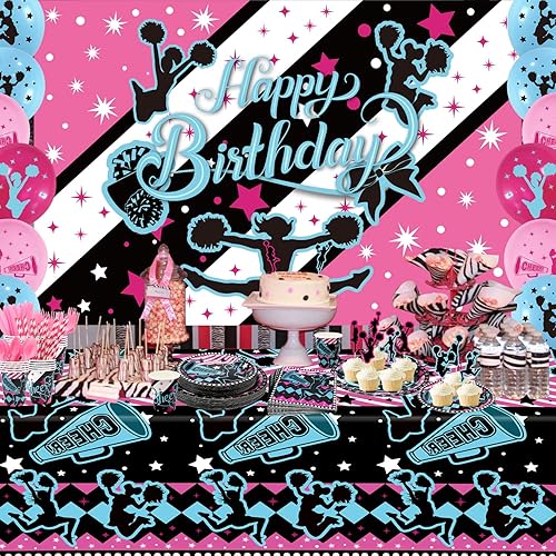 Miniatura 10 de Decoración de fiesta de porristas, paquetes de suministros para fiesta de cumpleaños de porristas, suministros de fiesta de gimnasia, incluye fondo,