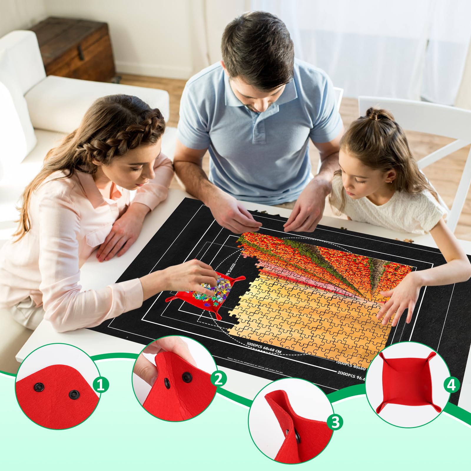 Tapete Puzzle 1500 Piezas, Alfombra Puzzle 1500 1000 500 Pezzi, Portátil Fieltro Estera de Rompecabezas,116x66cm, Tapiz Puzzle Enrollable, Negro