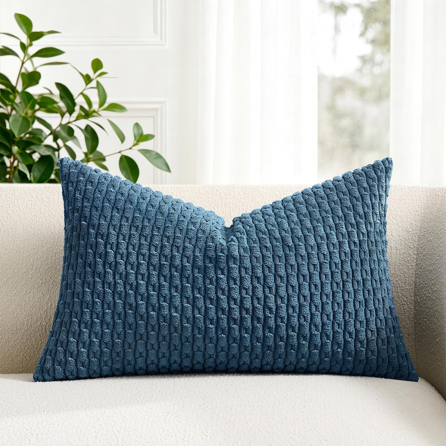 Photo 1 of Kevin Textile 14x24 Inch Pillow Cover 1 Pack Boho Decorative Soft Striped Corduroy Lumbar Farmhouse Solid Color Accent Rectangle Cushion Case for Living Room Couch Sofa Bed, Blue