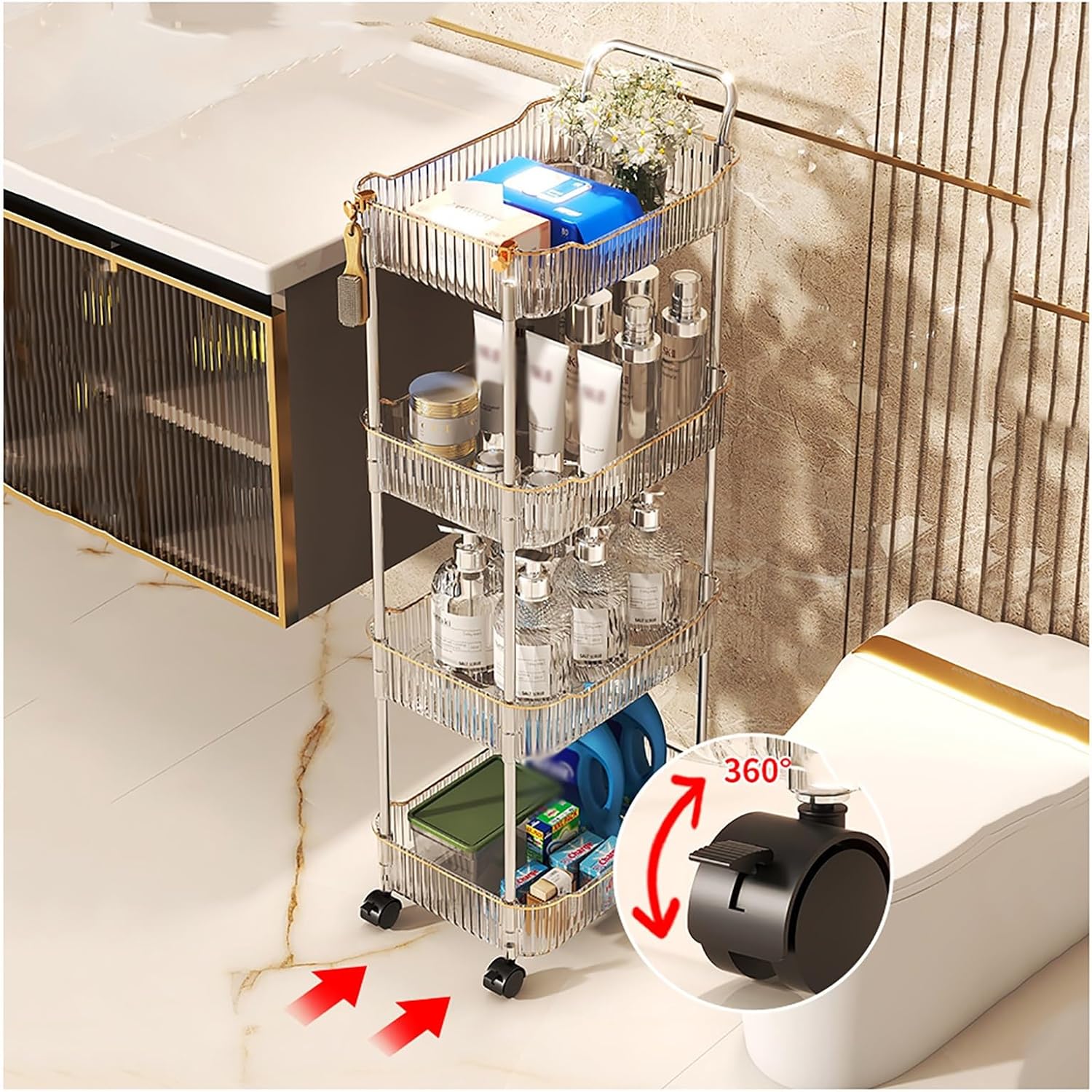 Rolling Utility Cart Organizer with Wheels and Handle - Mobile Shelving Unit for Storage in Kitchen, Bathroom, Laundry, and Narrow Spaces