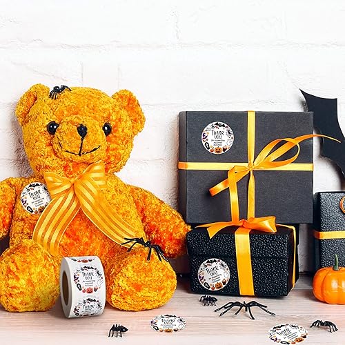 Miniatura 7 de Whaline 600 calcomanías de Halloween, rollo de agradecimiento por negocios, diseño de calavera, fantasma, calabaza, calcomanías redondas para sobres