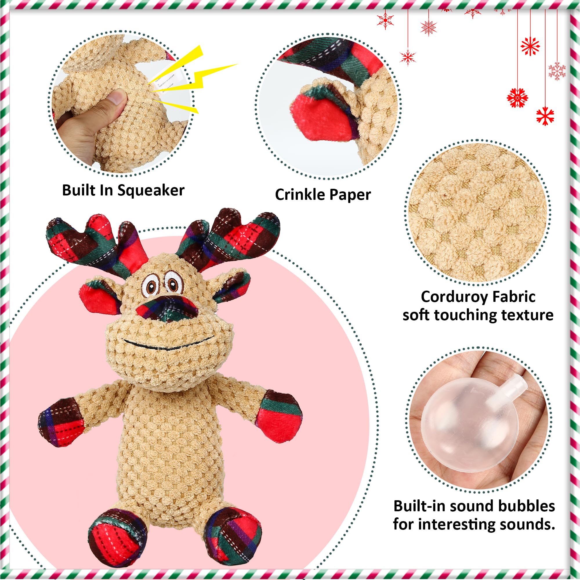 VORZOKISPL Christmas Squeaky Dog Toy - Soft Plush Reindeer Chew Toy, Durable & Safe Cotton, Interactive Xmas Gift for Small/Medium Dogs - Image 3