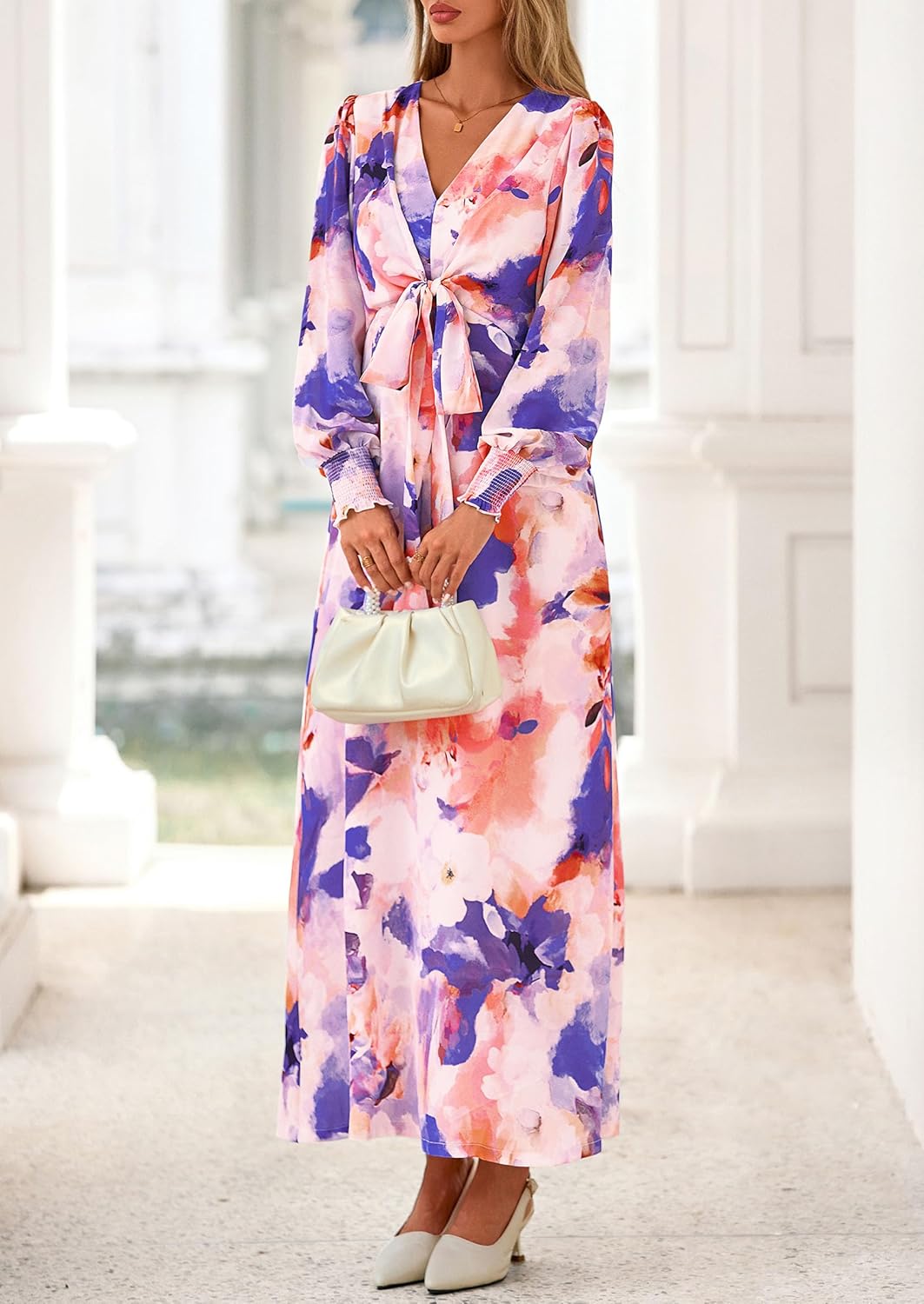 PRETTYGARDEN Women's 2026 Spring Wedding Guest Dresses Floral Long Sleeve V Neck Belted Long Flowy Boho Maxi Dress - Image 7