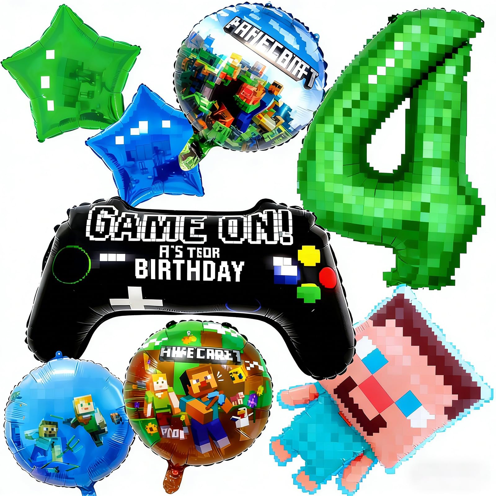 9PCS Gaming Birthday Decorations Cartoon Gaming Themed Foil Balloons 4th Birthday Decorations Baby Shower Gamer Theme Party Supplies Number large Balloons