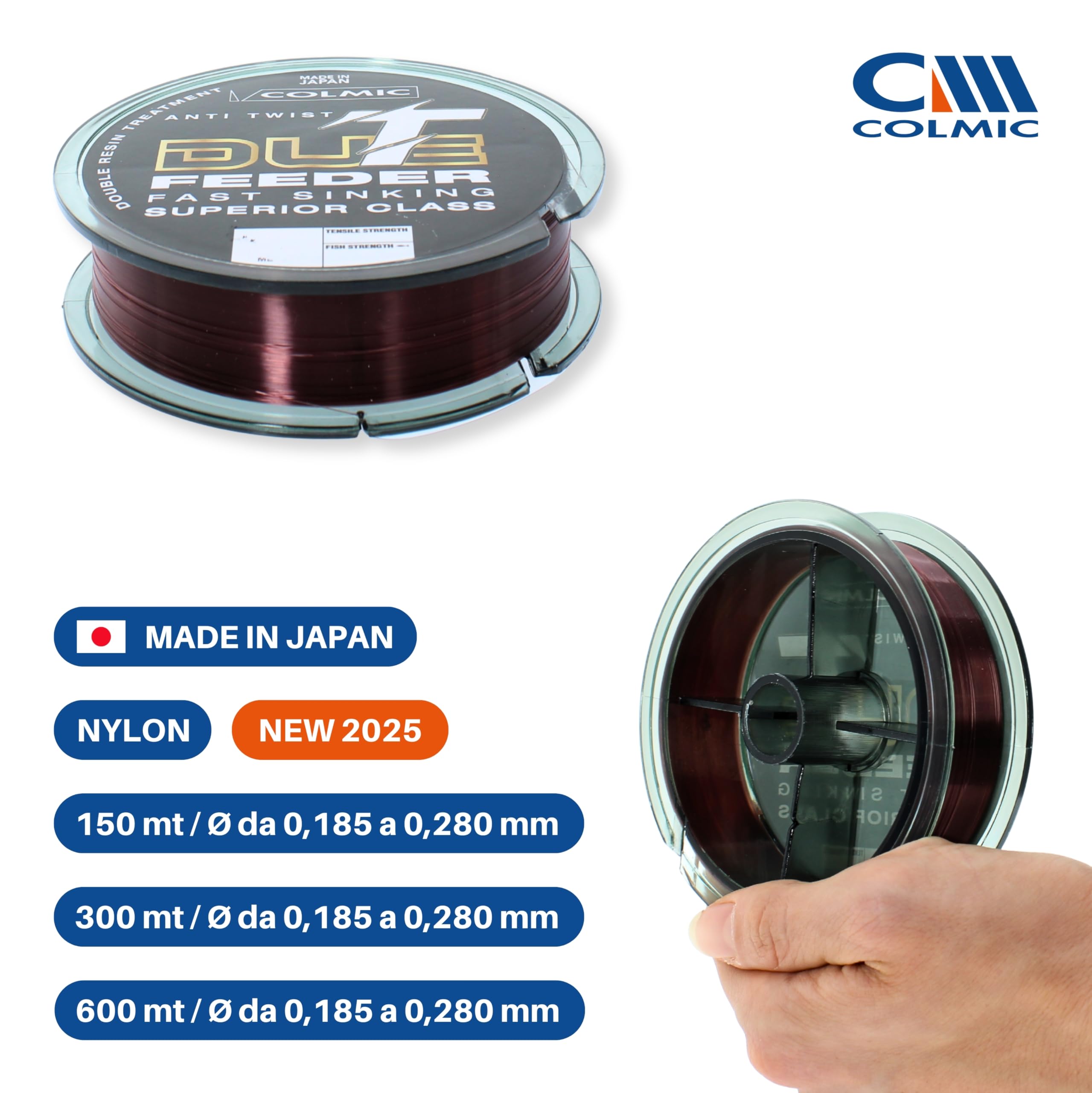 Colmic T-DUE Feeder Fast Sinking – wyprodukowano w Japonii pojedynczy żyłka, do podajnika – Anti Twist, szybkie tonięcie, fluorowana żywica, wysoka czułość, szpula 150 m / 300 mt / 600 m